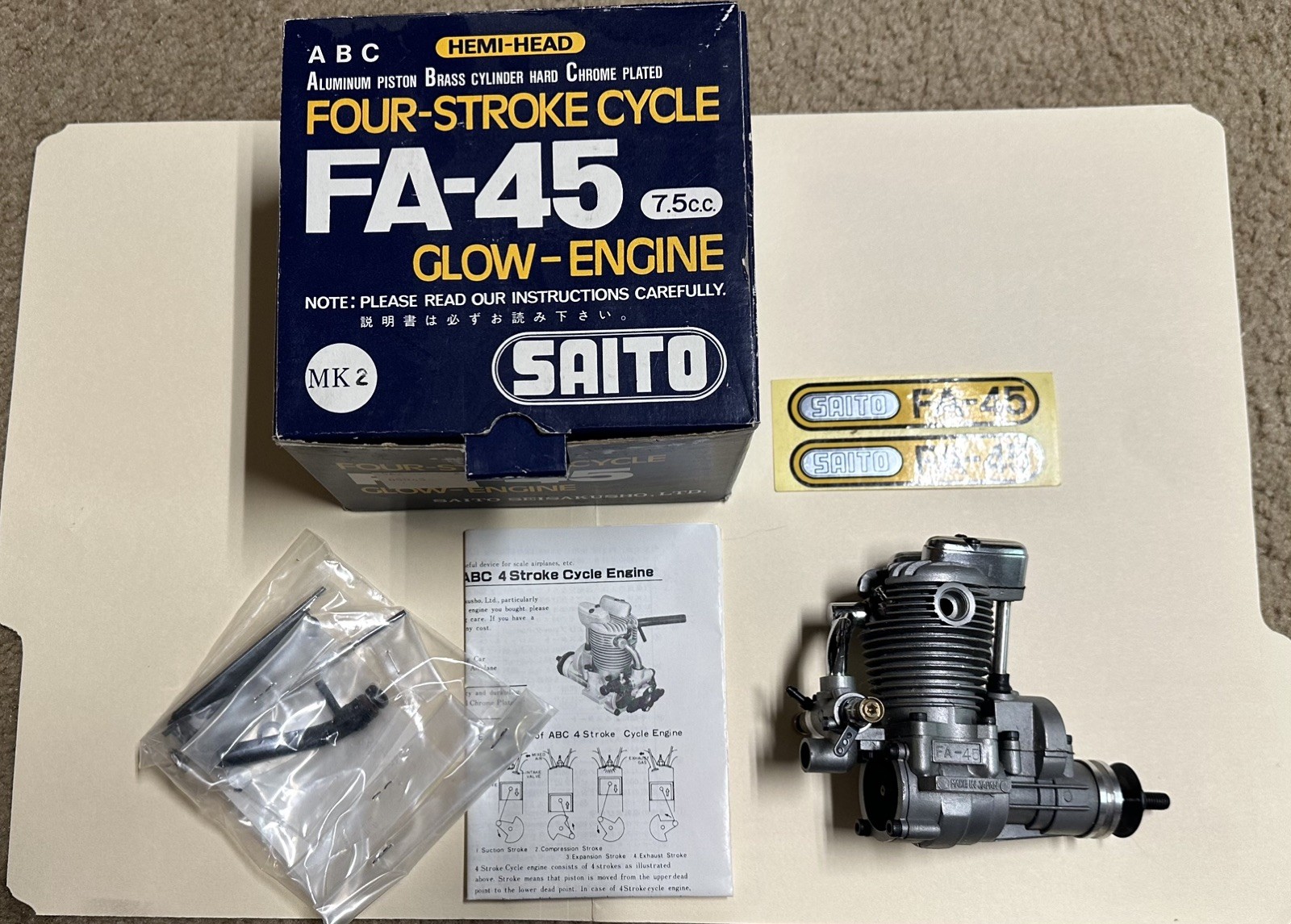 Vintage Saito FA-45 7.5cc Glow Engine Four Stroke NOS