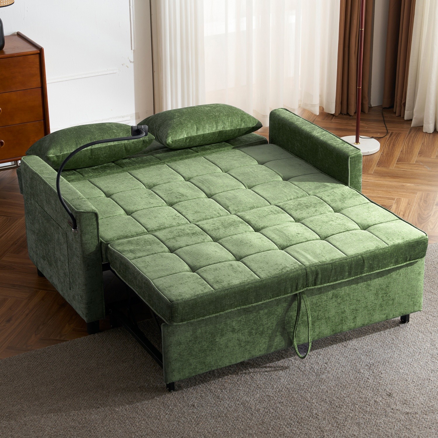 56.9'' Convertible Sleeper Sofa Bed Loveseat Sofa w/ Pull Out Bed & USB Ports