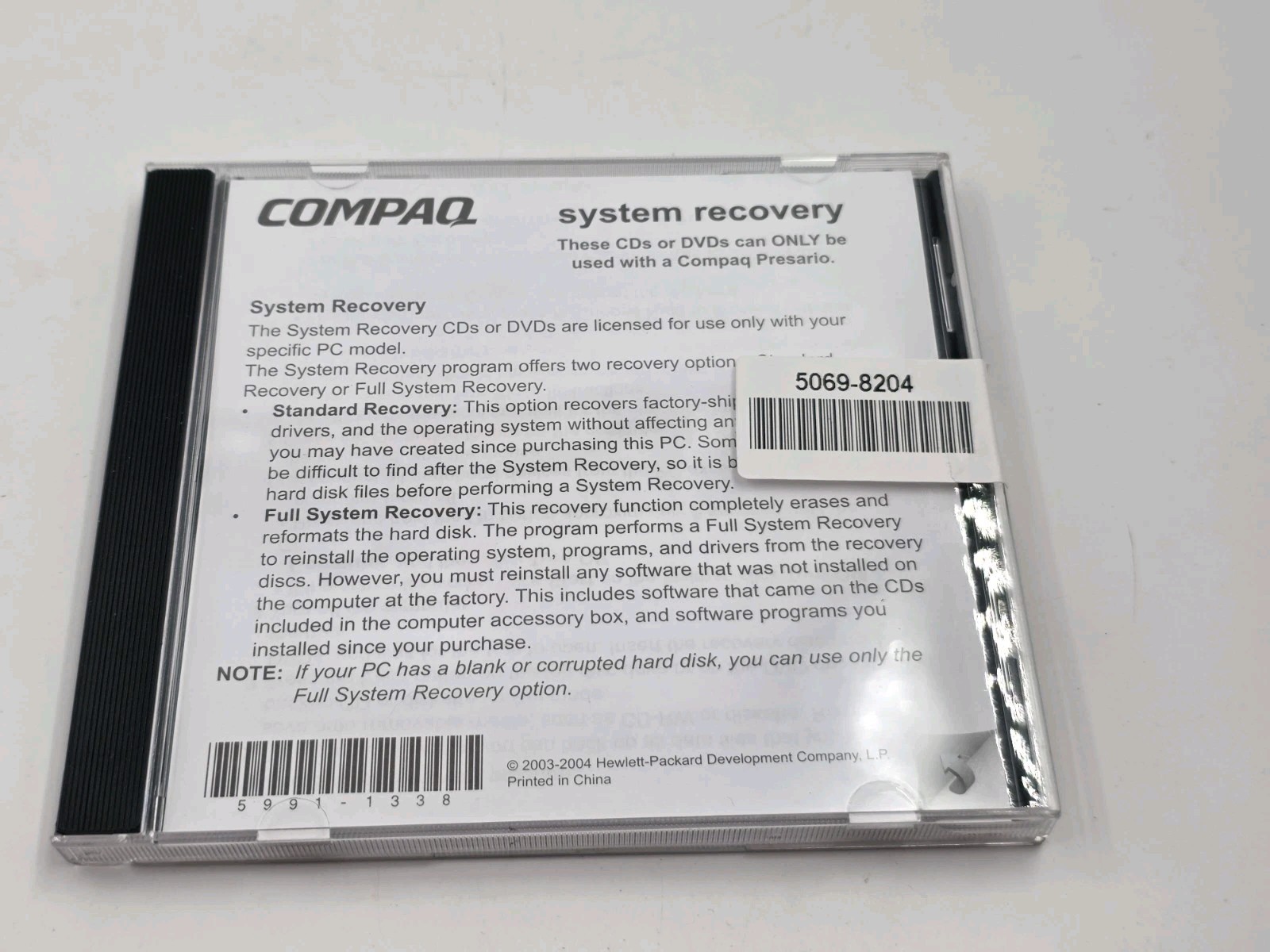 HP Compaq System & Application Recovery DVD Windows XP Home Edition PJ505-10001