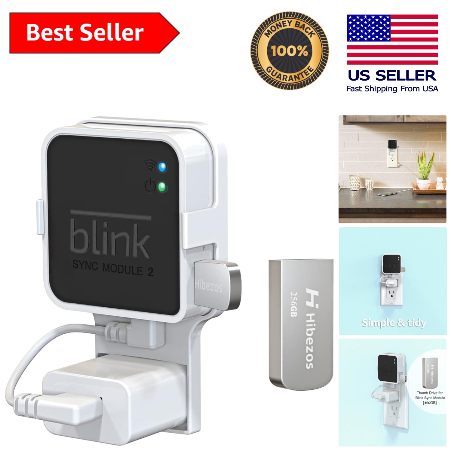 256GB USB Flash Drive & Outlet Mount for Blink Sync Module 2 - Easy Install