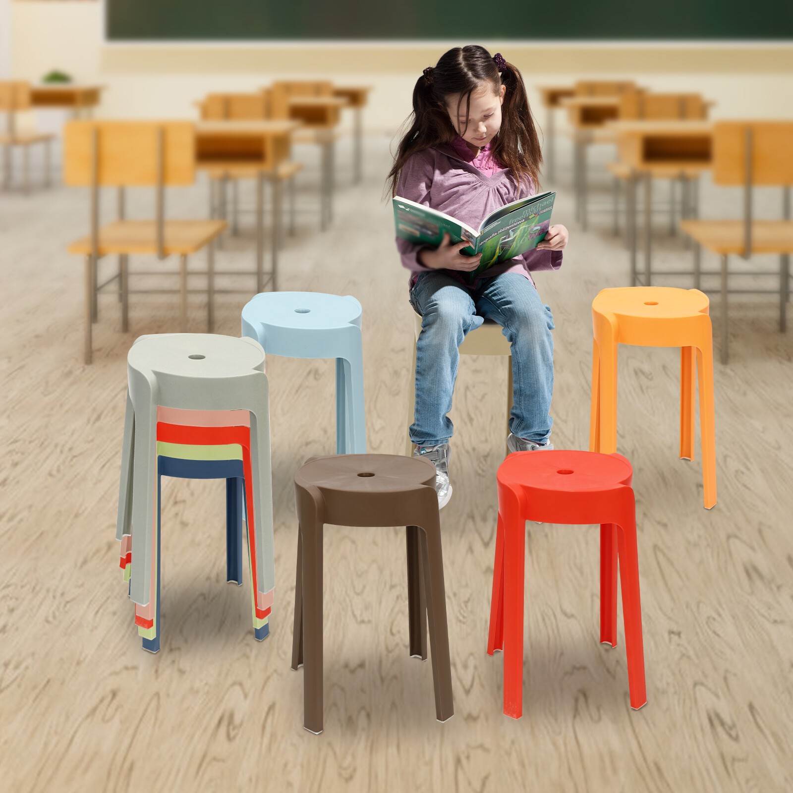 Plastic Stool Counter Kitchen Stools 18'' Set of 4 Backless Stackable Bar Stools
