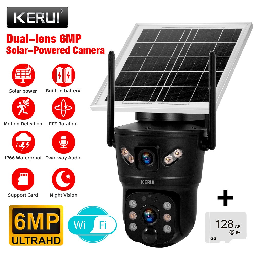 KERUI Solar Powered 6MP 360° Dual Lens WiFi Security Cam with 128GB TF Card