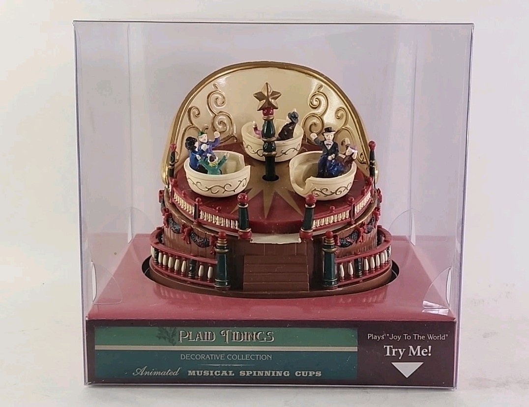Plaid Tidings Animated Musical Spinning Cups Decorative Collection NIB ch 100