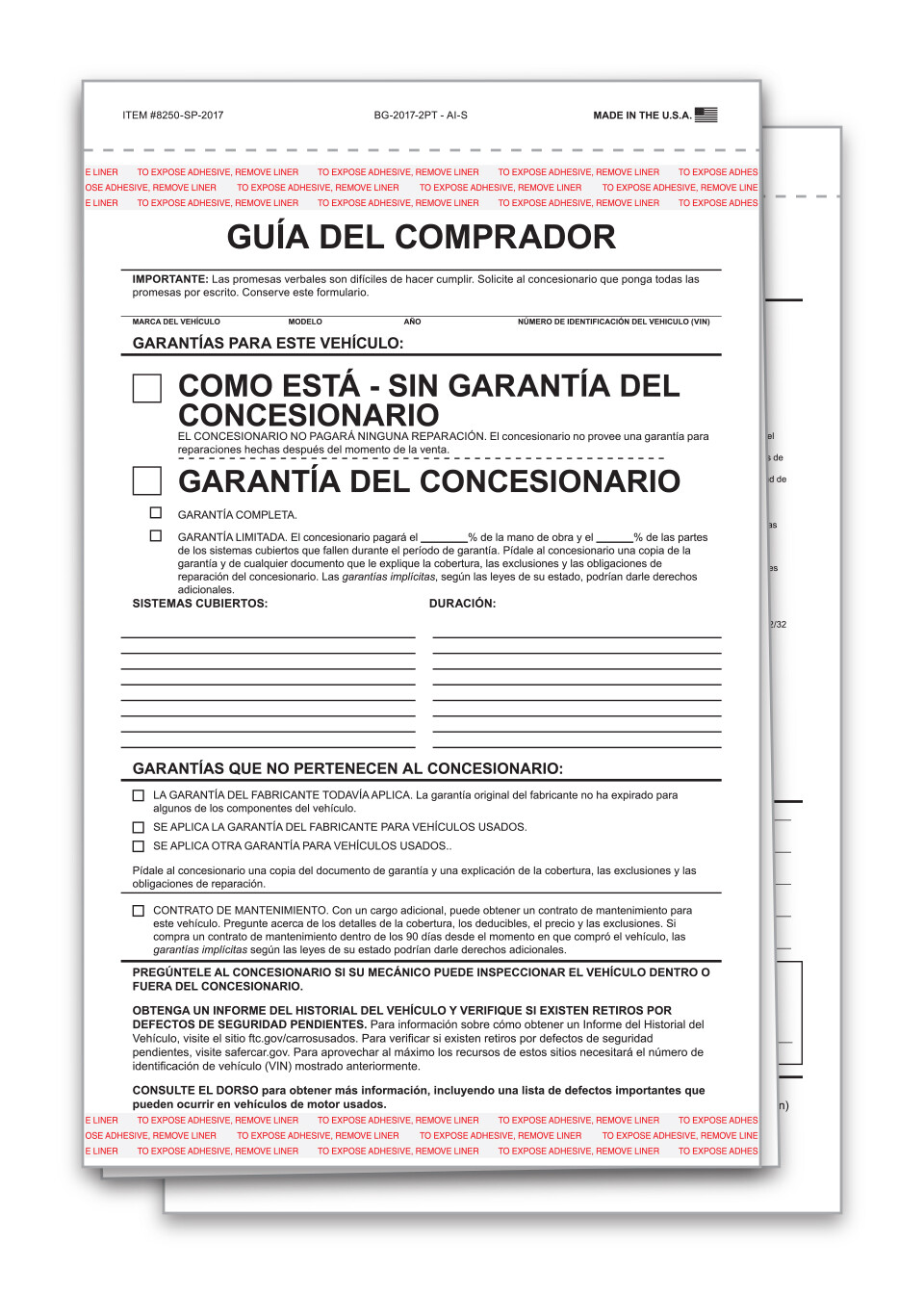 SPANISH 2 PART CAR DEALER BUYER GUIDE PACK OF 100 AS IS FORMS WARRANTY ADHESIVE