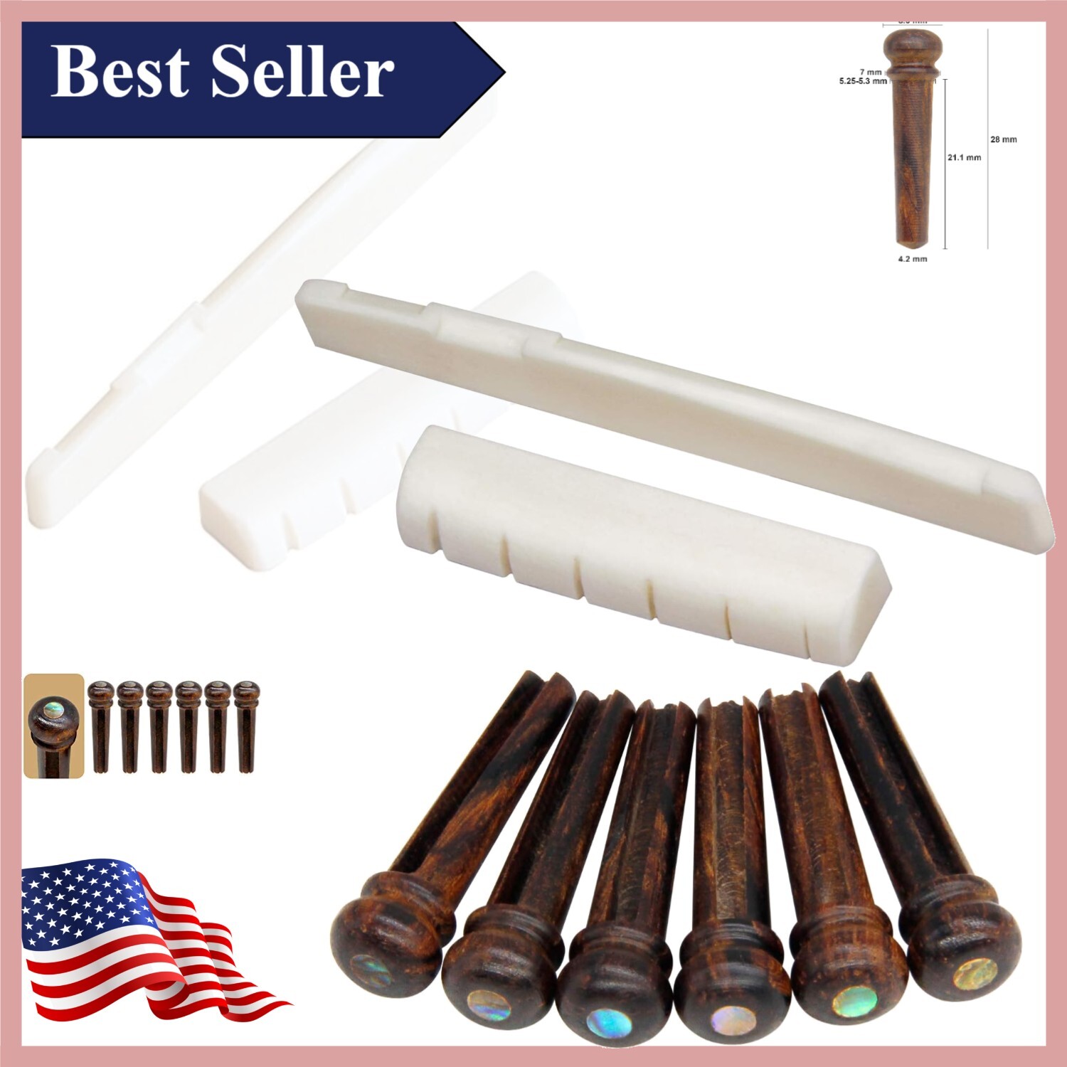 Premium Bone Saddle, Nut, and Rosewood Bridge Pins Set for Acoustic Guitars