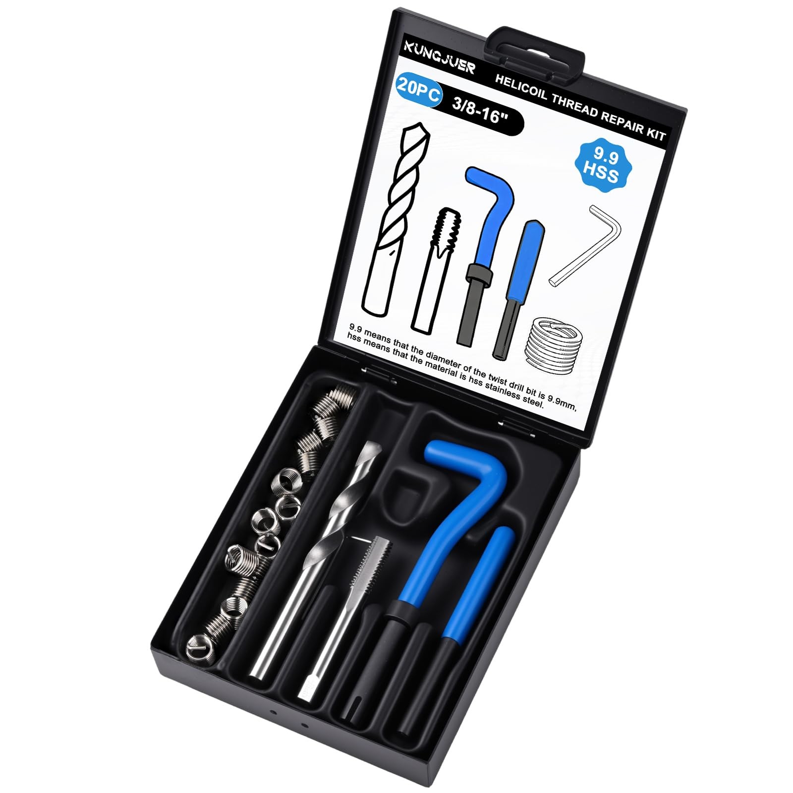 KUNGJUER 20PC SAE Helicoil Thread Repair Insert Kit, 3/8-16 inch Rethread