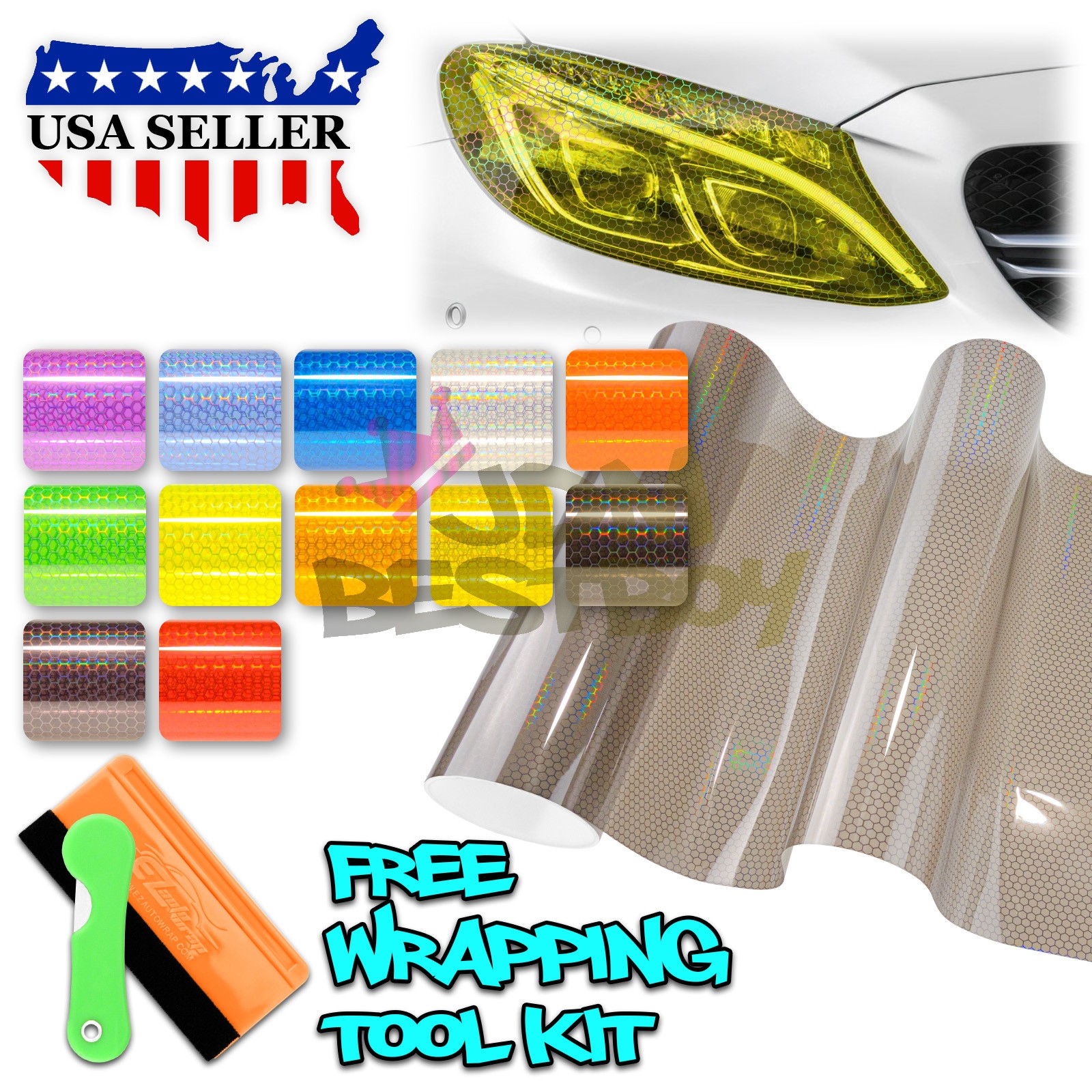 12" Hex Holographic Gloss Headlight Taillight Tint Film Fog Honeycomb Protective