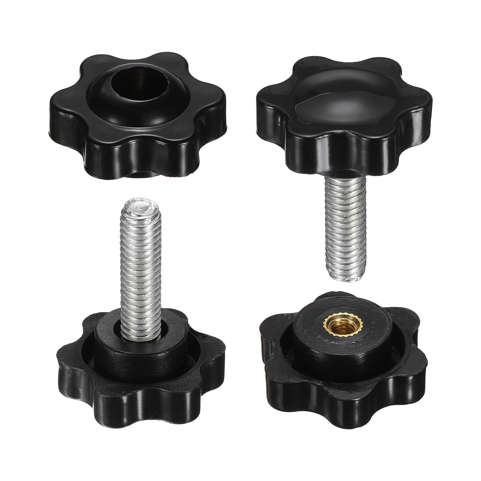 2 Set Star Knobs M6 x 14mm Male + M6 Female Thread 25mm Head Handles, Black