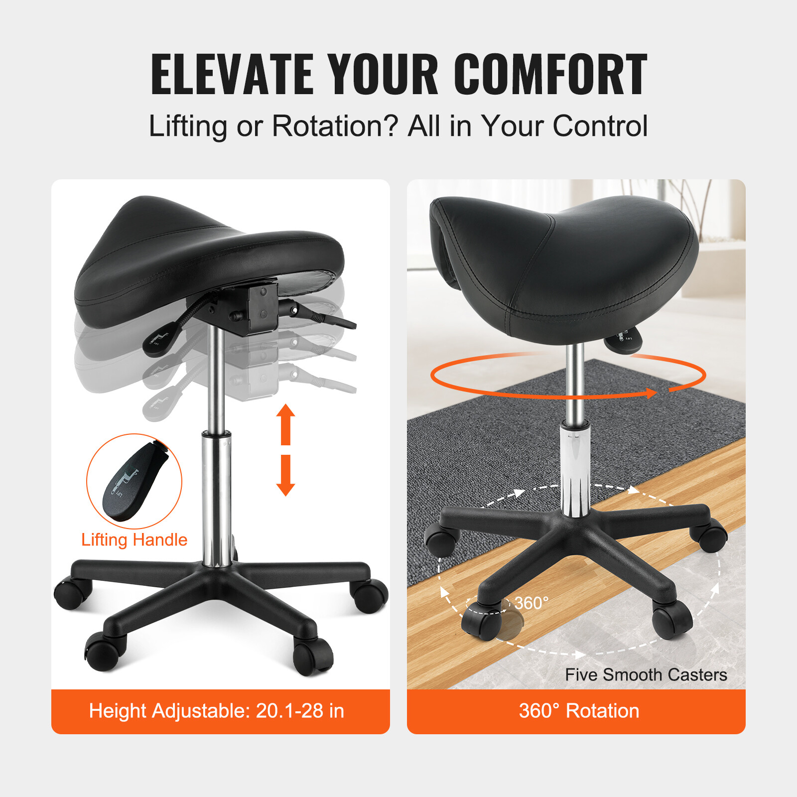 VEVOR Saddle Stool Rolling Chair Saddle Chair with Wheels Thickened PU Leather