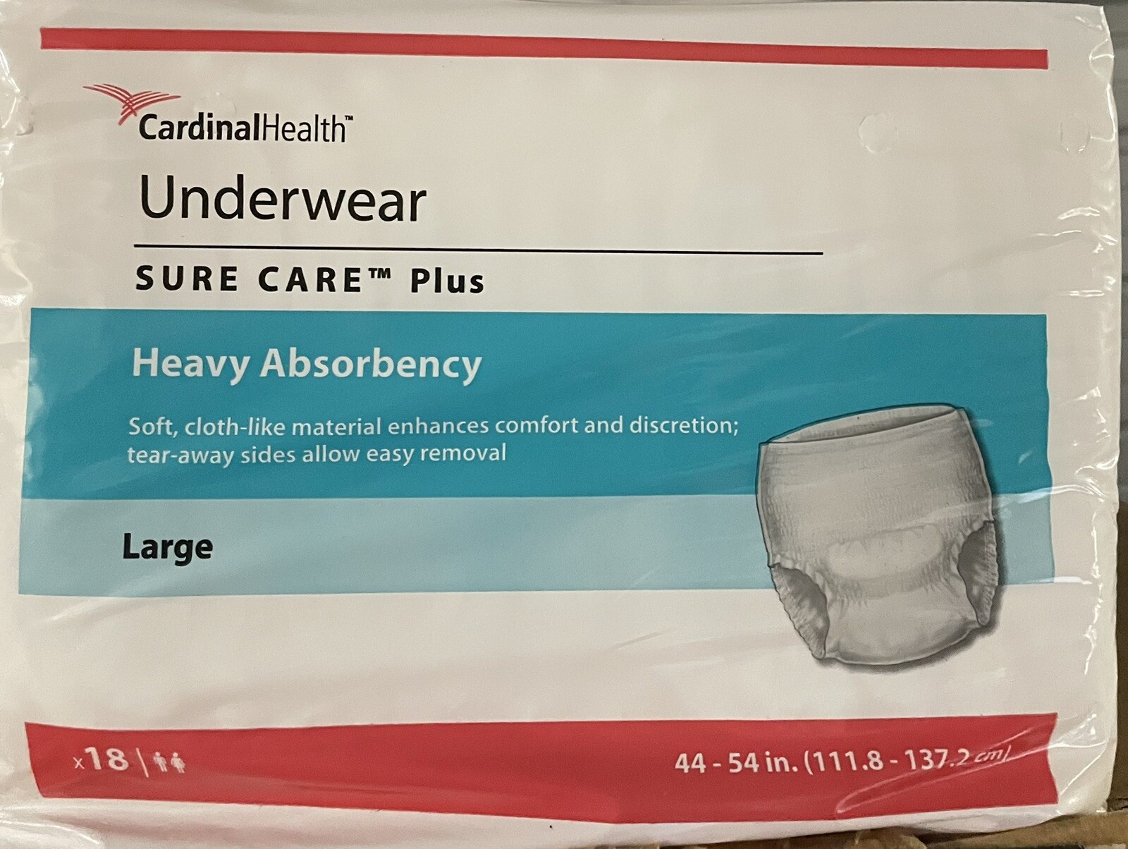 CARDINAL 1 PK/18 EA Health, Underwear, Sure Care Plus, Large, 44" - 54" 1615A