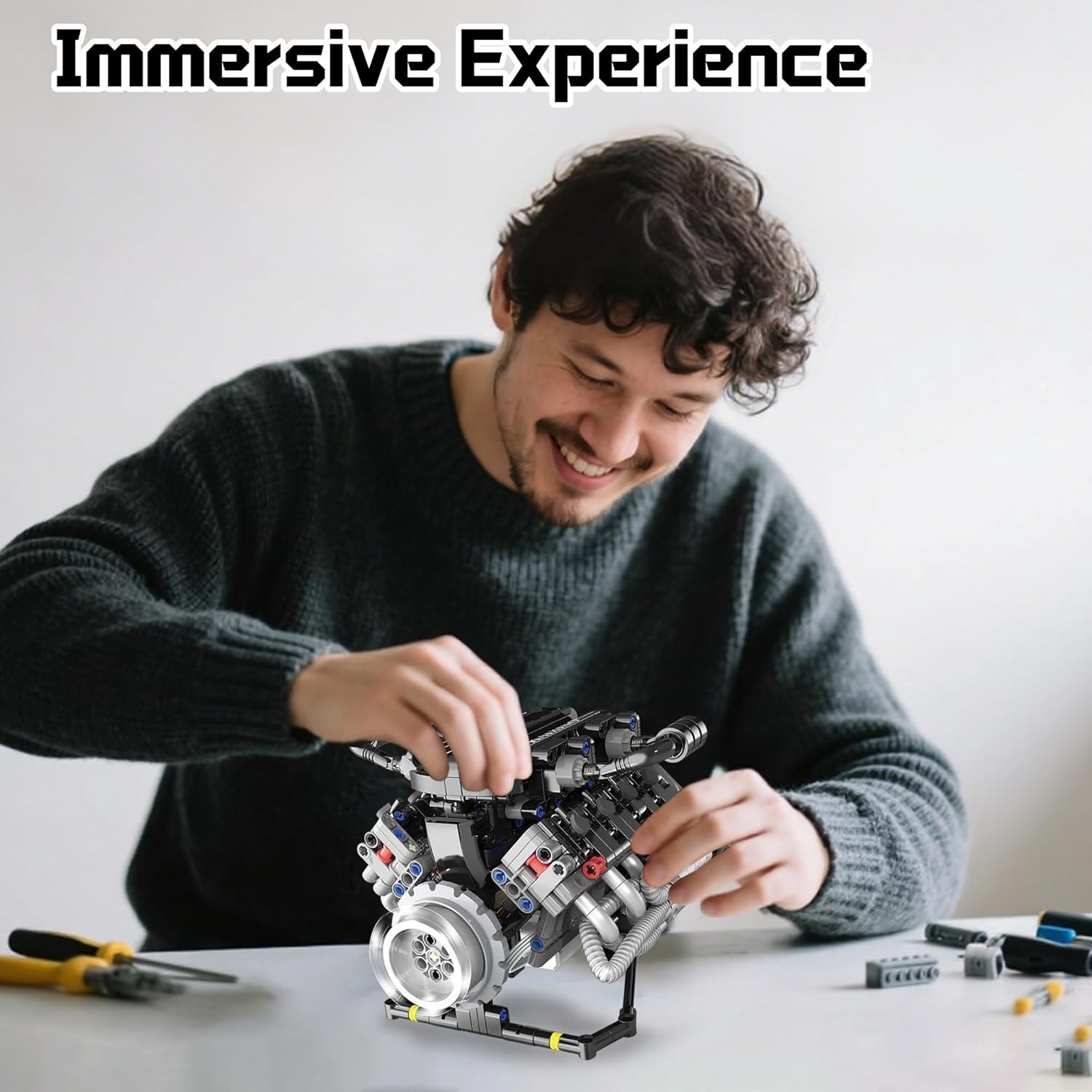 V8 Mini Engine Model Kit That Runs Building Sets with Motor, APP Control Technic