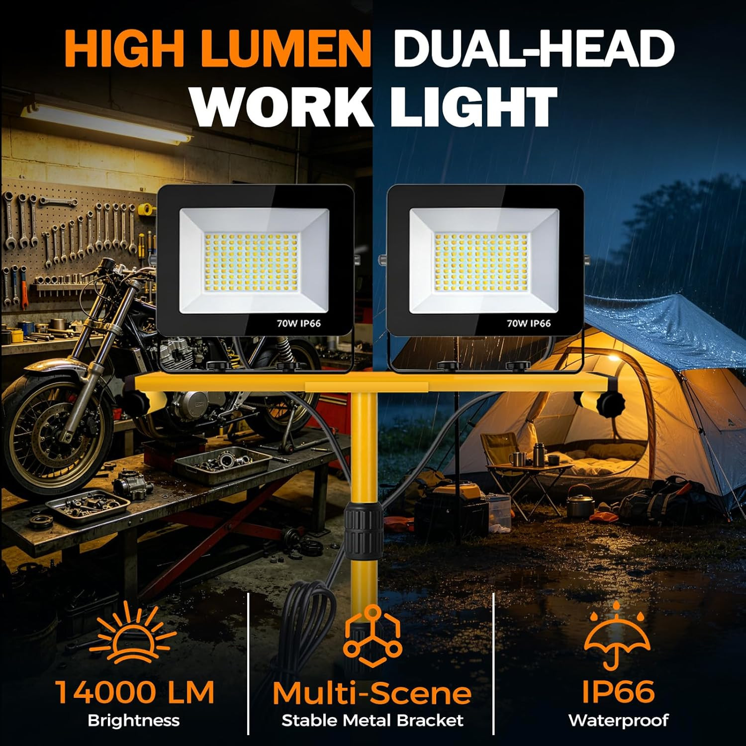 LED Work Lights with Stand, 14000 Lumen, 2-Head Adjustable Work Light, Waterproo