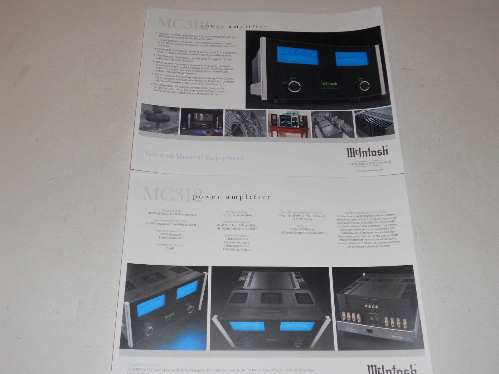 McIntosh MC-312 Amplifier Brochure 2 pages, Specs/Info/Articles 2021