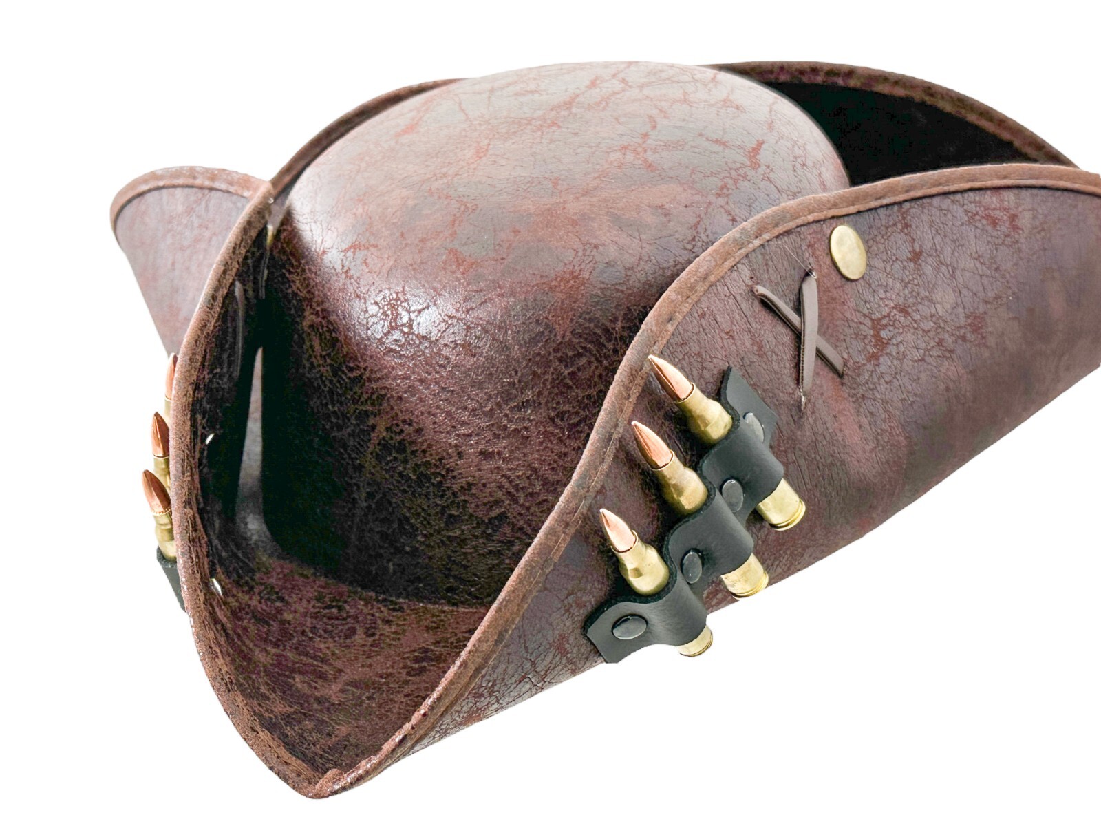 Bullet Strap Brown Pirate Tricorne Hat  Tricorn Faux Leather  Costume