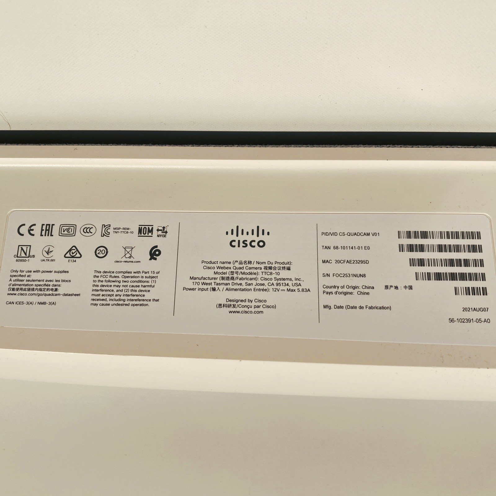 Cisco Webex Quad Camera TTC8-10 for Conference Room CS-QUADCAM, Bare, SEE NOTES