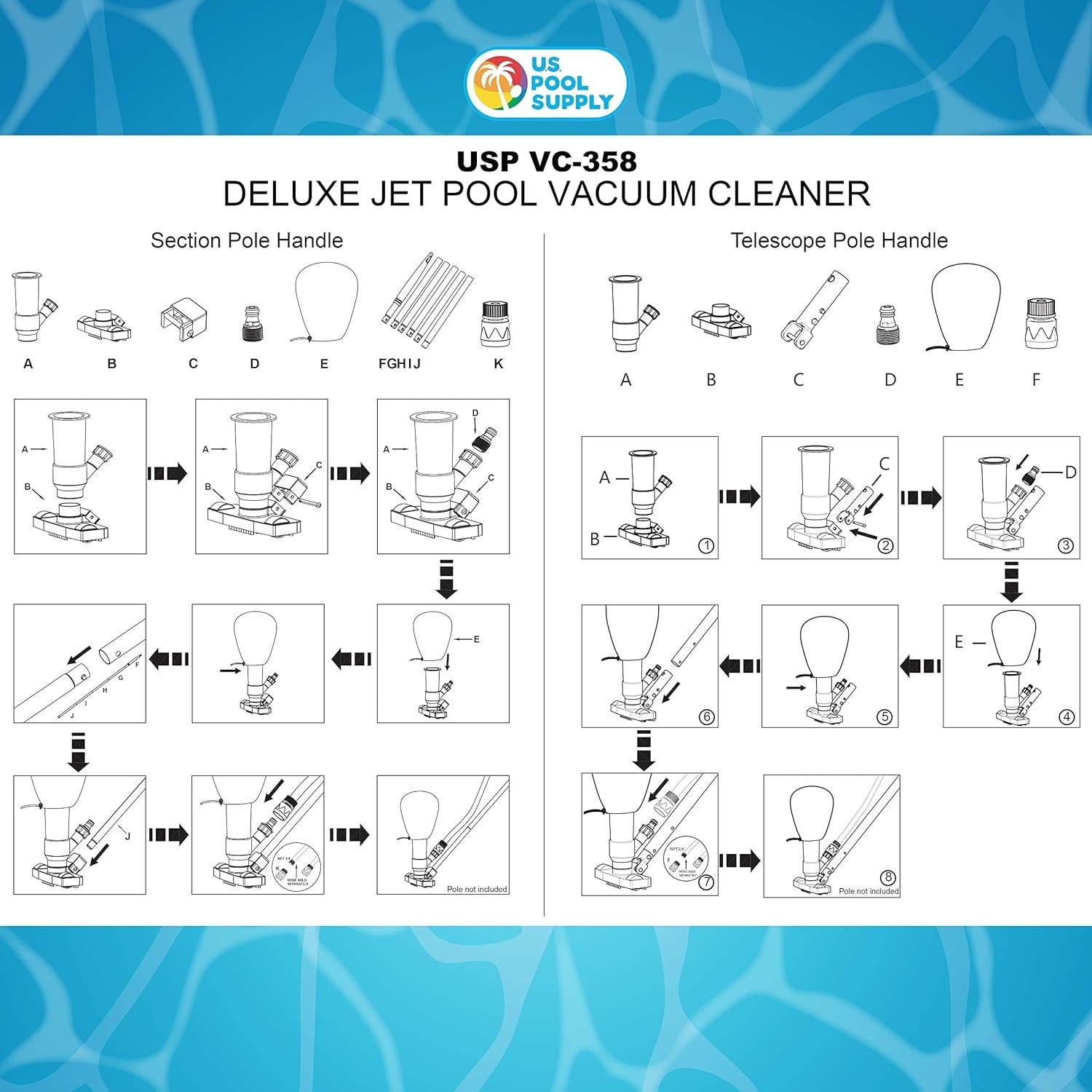 Manual Pool Vacuum Cleaner 5-Section Telescopic Pole Mesh Bag for Pools