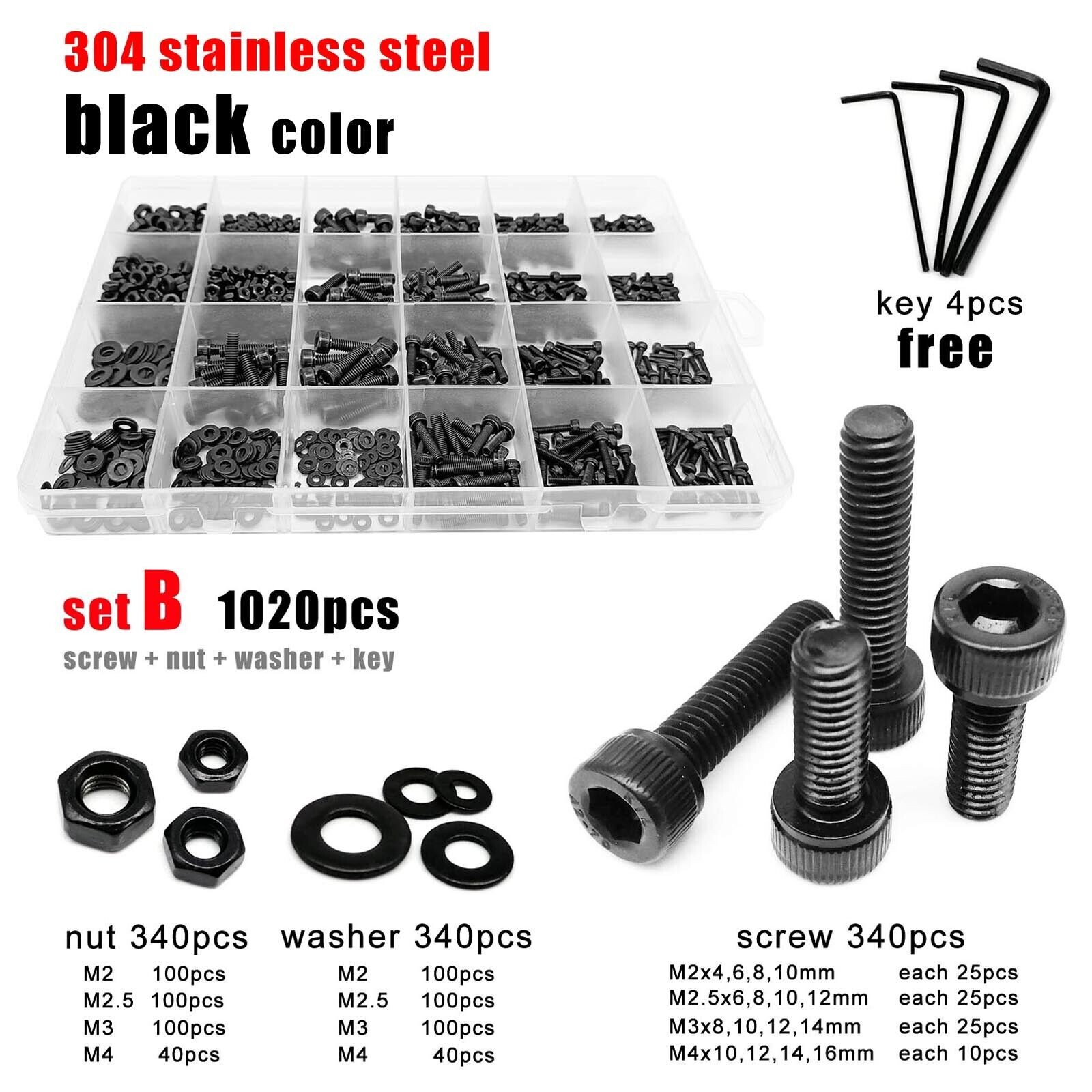M2-M5 Black Stainless Steel Allen Hexagon Hex Socket Head Cap Screw Bolt Set Kit