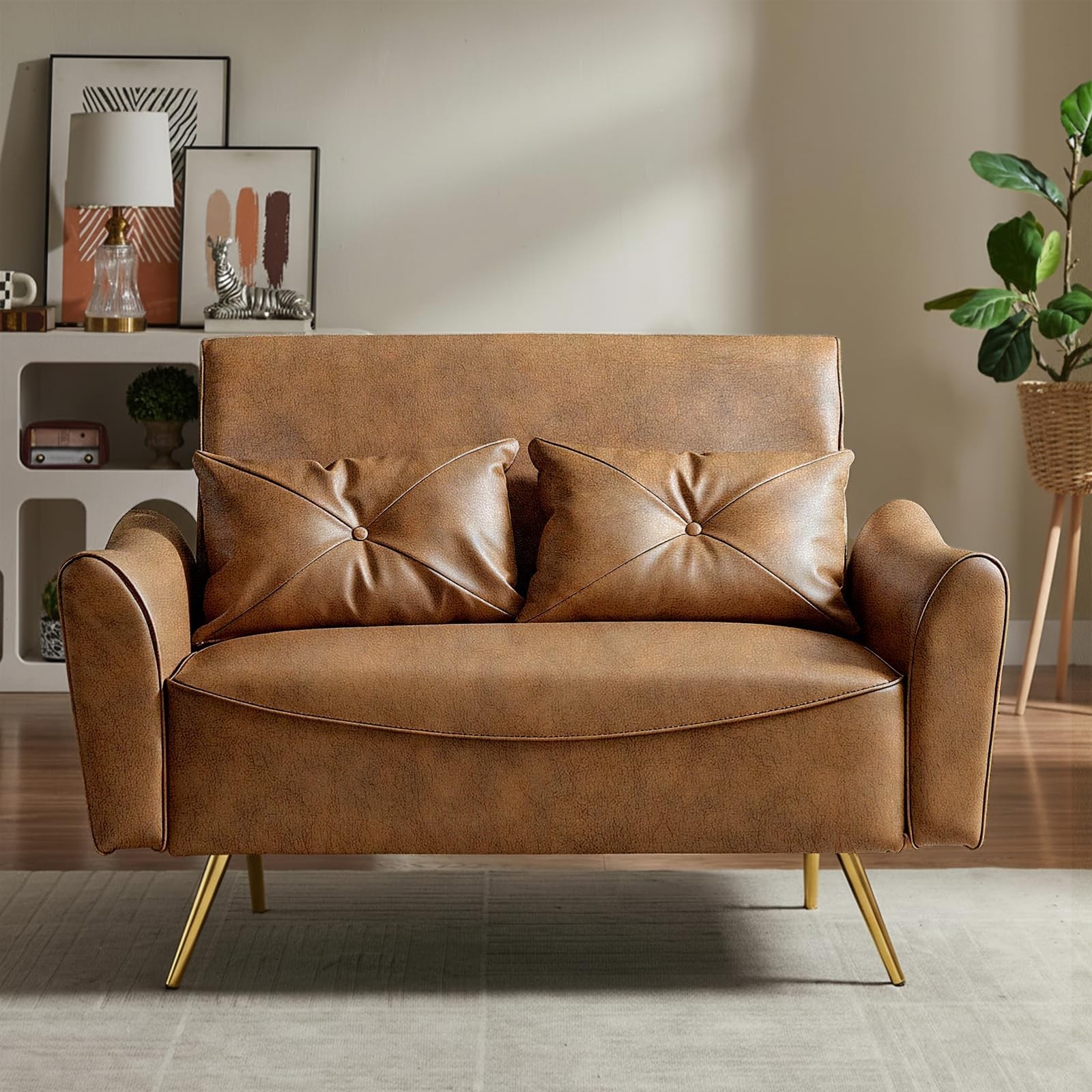 Brelice 48" Faux Leather Loveseat 2 Seater Small Couch Gold Metal Legs 2 Pillows