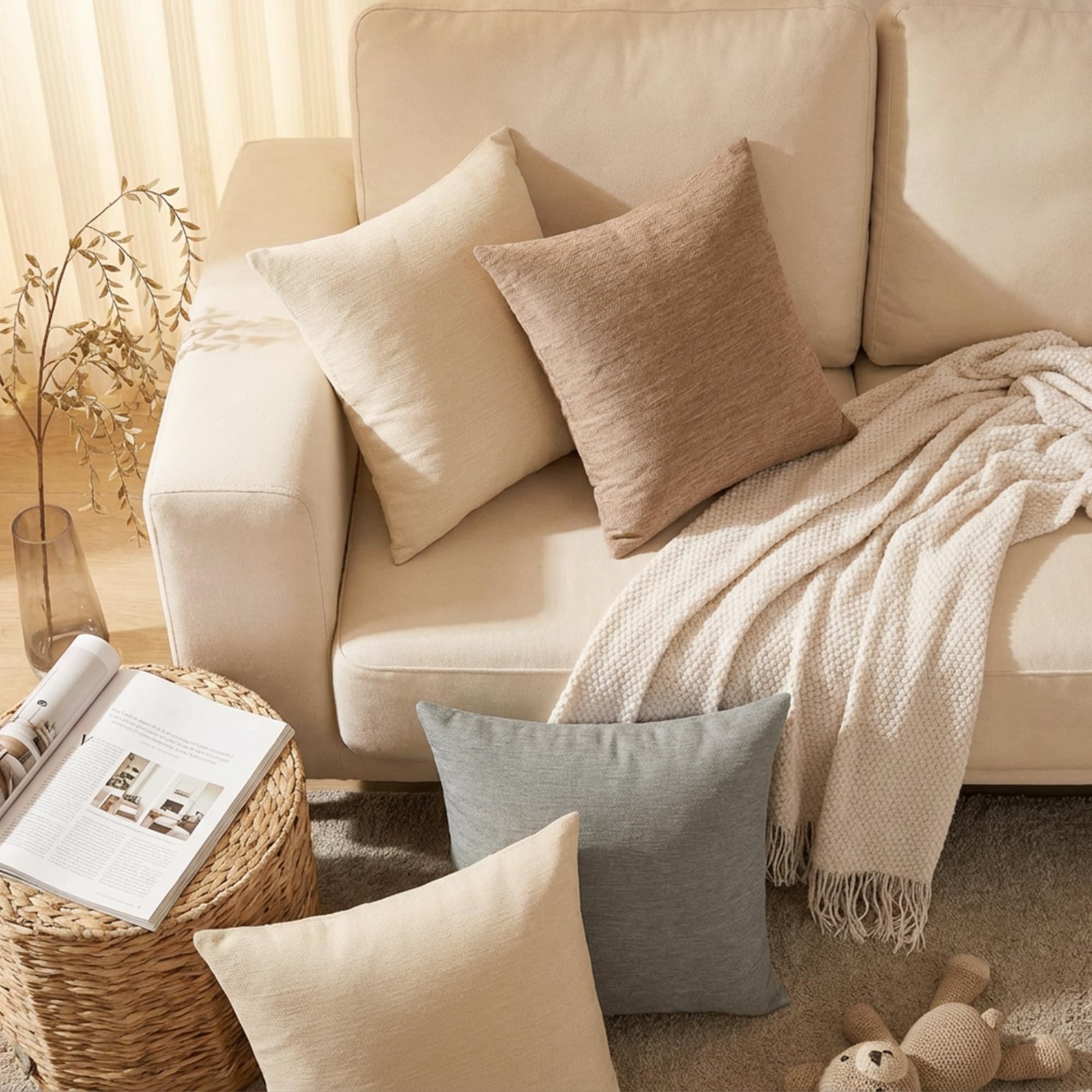 Set of 4 Neutral Throw Pillow Covers 18x18 Inch Decorative Pillow Cases 45x45 cm