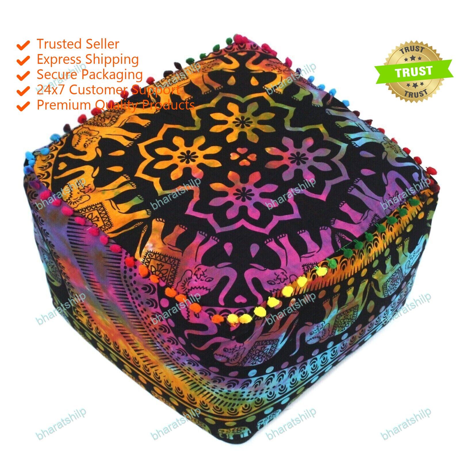 New Indian Ottoman Square Mandala 22" Inch Multicolor Pouf Cover