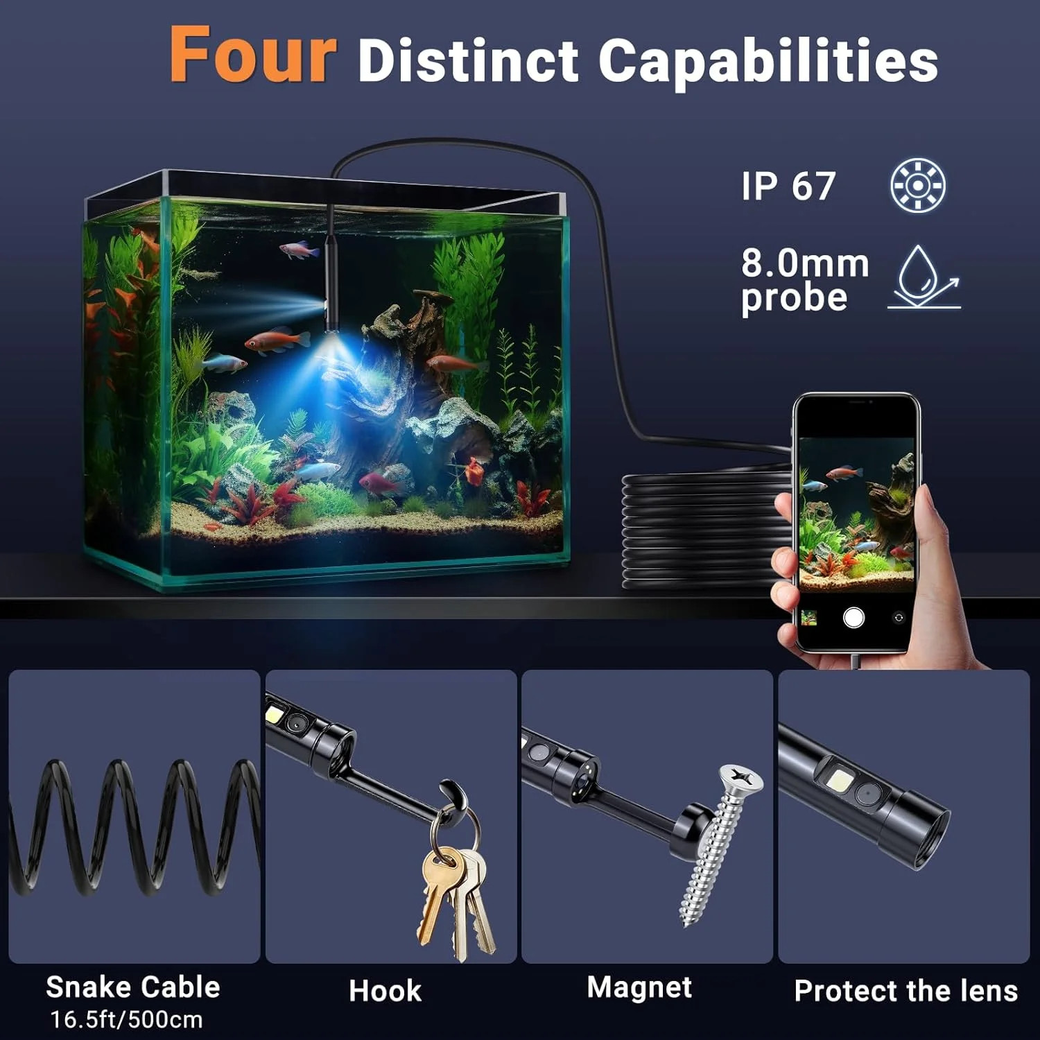 Preciva Endoscope Camera with Dual Lenses, 1920P HD Borescope Camera with 8 Adju