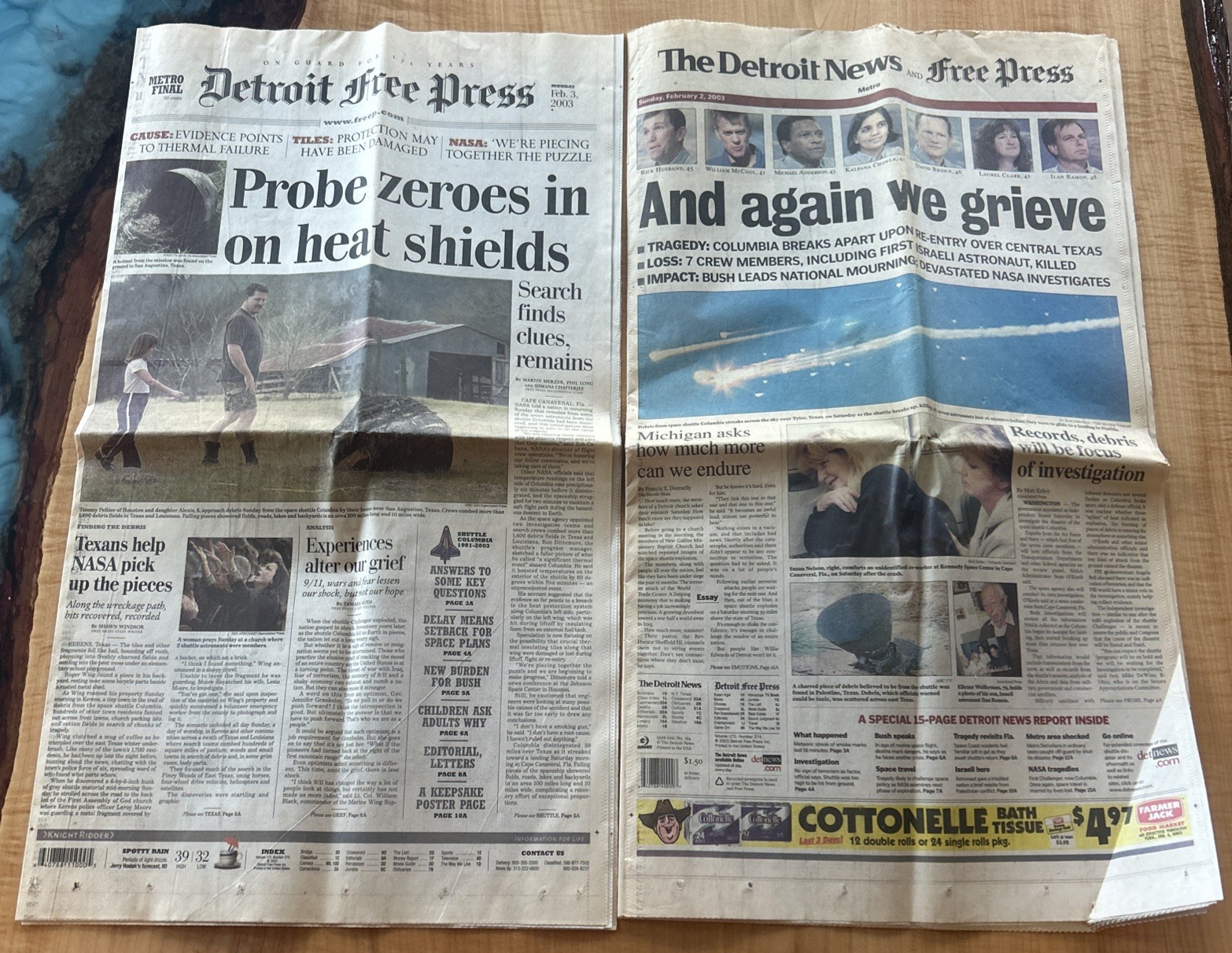 Detroit News/Free Press Columbia Shuttle Disaster Newspapers February 2 & 3 2003