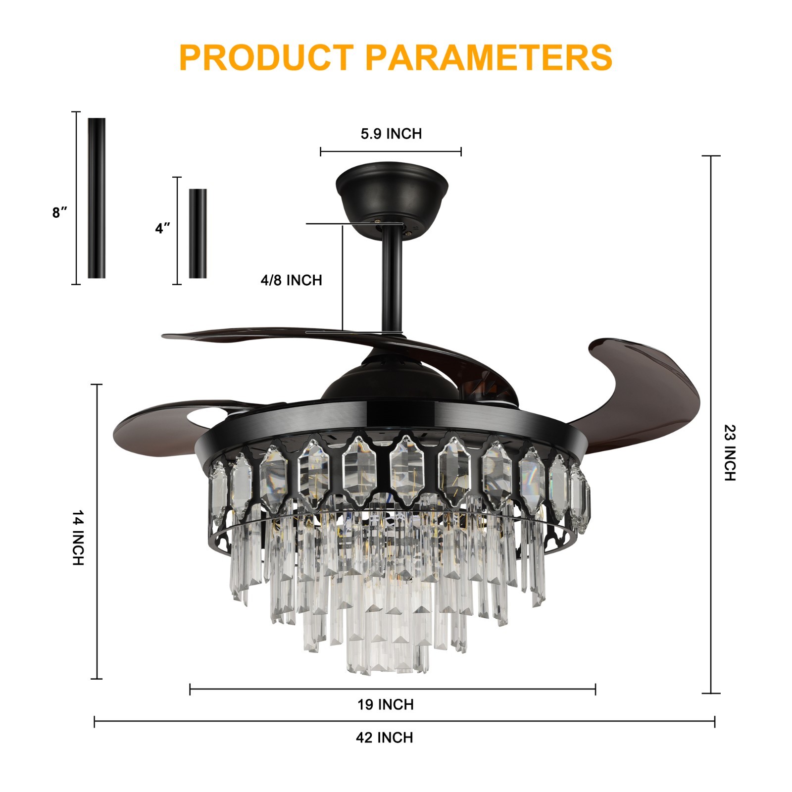 Luxury 42" Retractable Crystal Ceiling Fan Light w/ Remote, 6-Speed