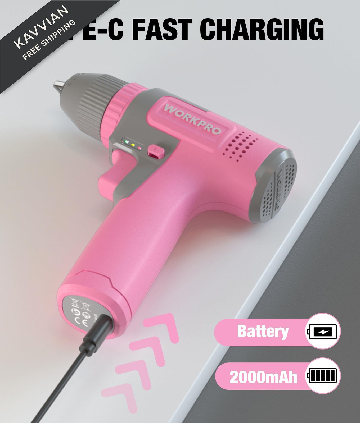 WORKPRO Pink Cordless 8V Drill Driver Set, 2Ah Electric Power with