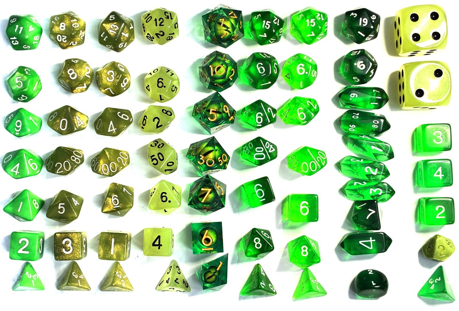 Green Gaming Polyhedral Dice Sets from 80s 90s 00s Clear Opaque Glow Glitter