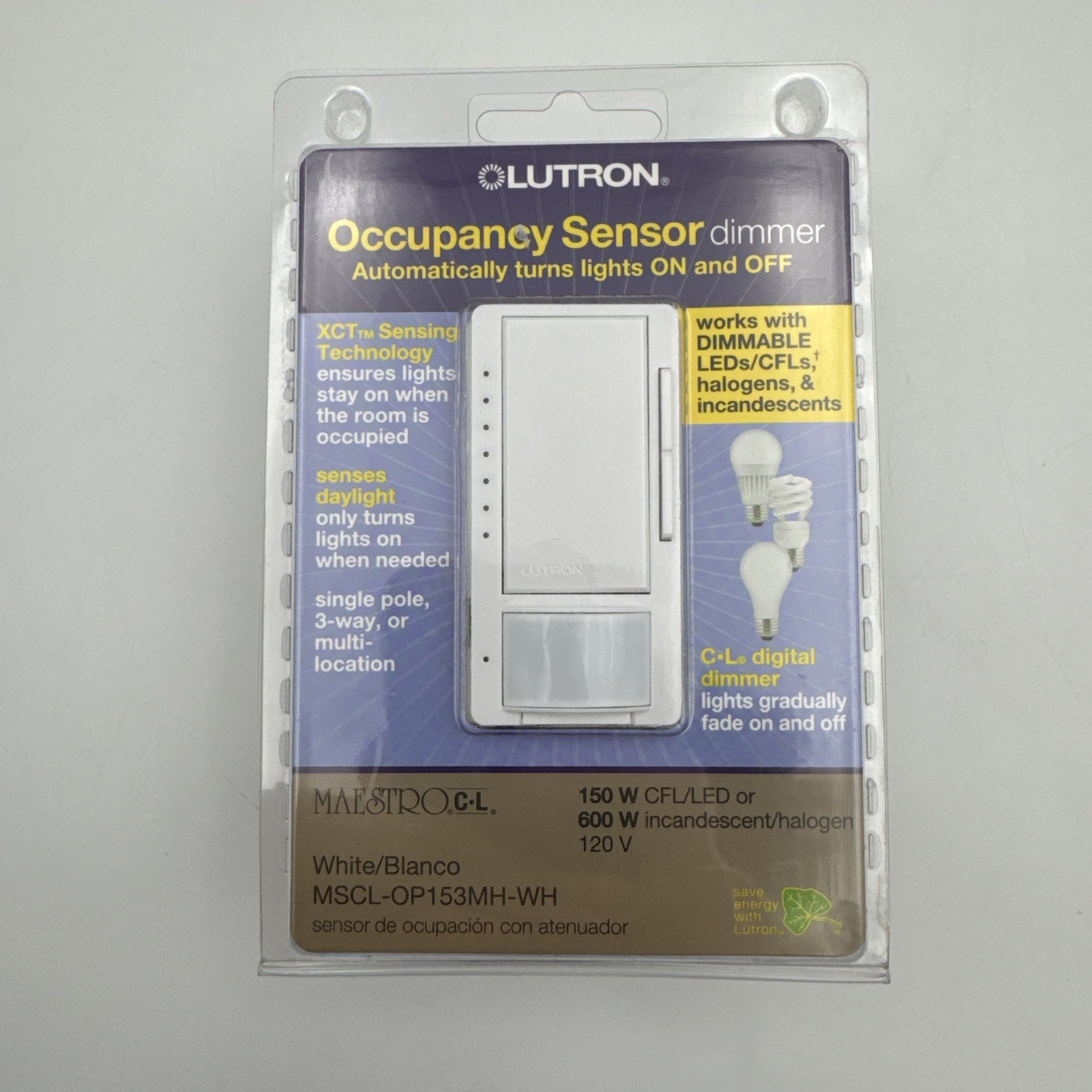 Lutron MSC-LOP153MHWH 120V Maestro Occupancy Sensor Dimmer Auto on/off