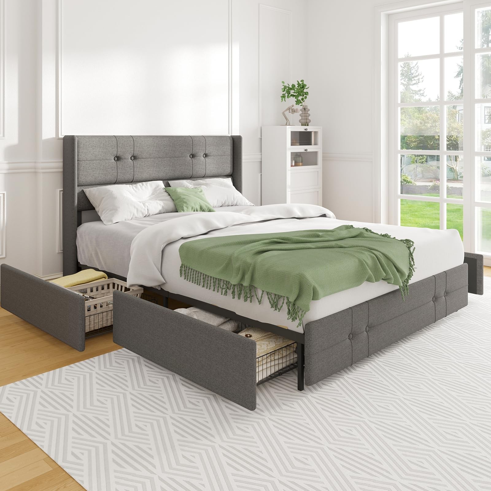 Queen Size Bed Frame Platform with 4 Storage Drawers and Fabric Upholstered H...
