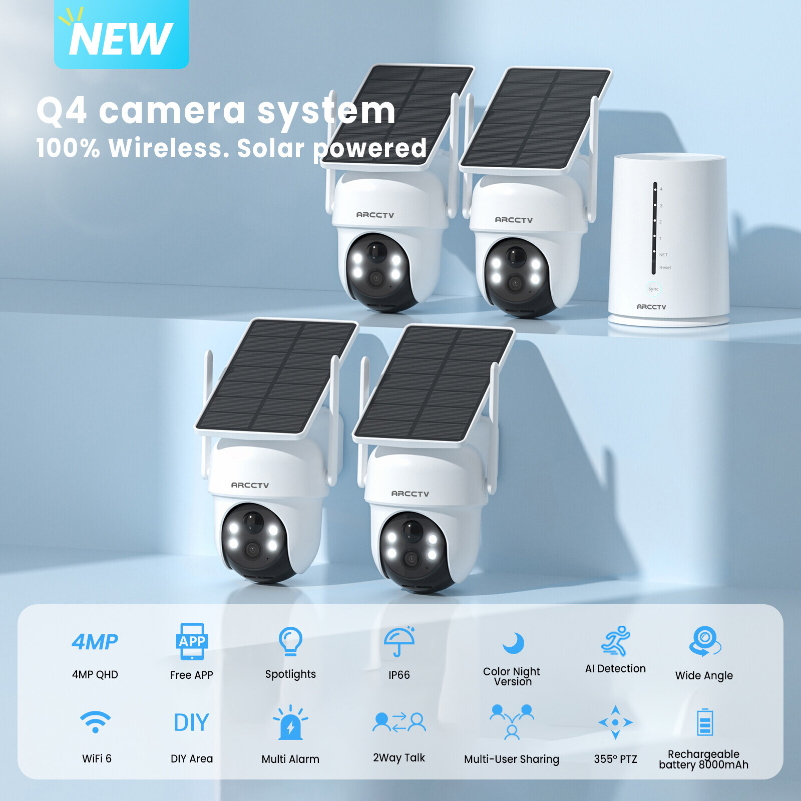 ARCCTV Wireless Security Camera System Outdoor WiFi Audio Solar Battery Powered