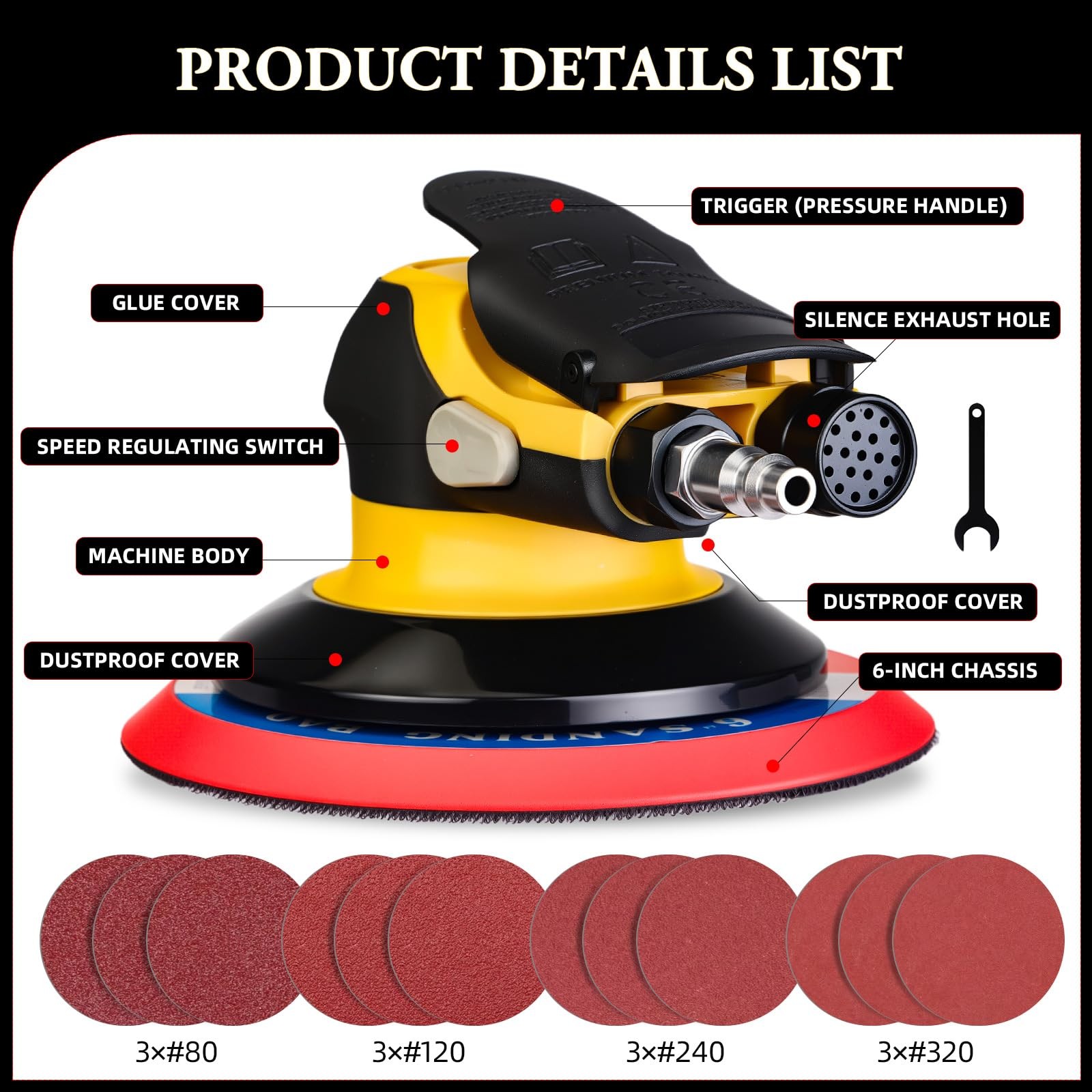 Low Noise 5/6 Inch DA Sander Auto Body Lightweight Powerful Random Orbital Air P