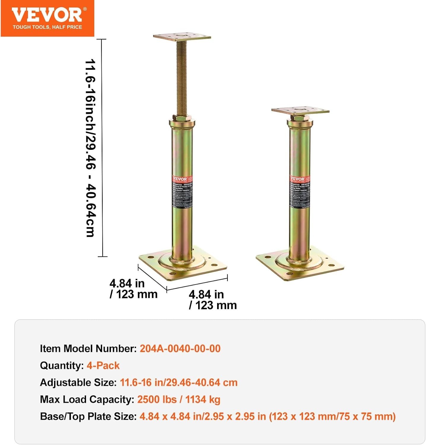 Adjustable Floor Joist Jacks 11.6"-16" Height Range, 10,000 lbs Support, 4 PCS