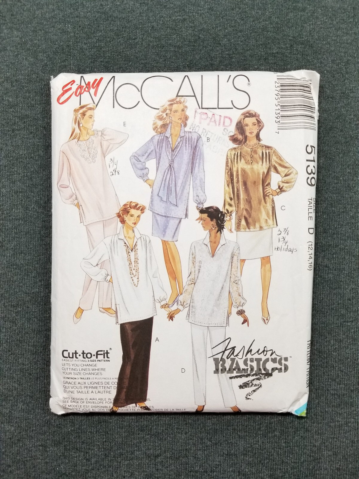 McCall's Pattern #5139 ~ Tunic Pants Top Scarf & Skirt ~ Misses 12 14 16 ~ FF/UC