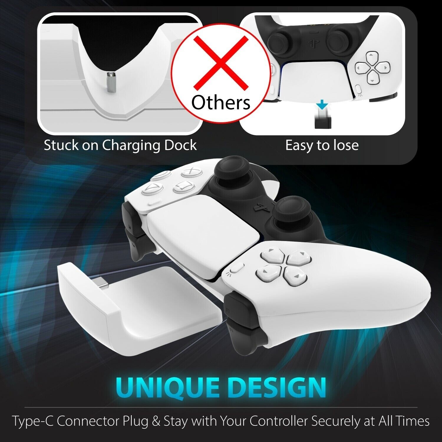 PS5 DualSense Controller Fast Wireless Charging Station Dock USB C Cable Charger