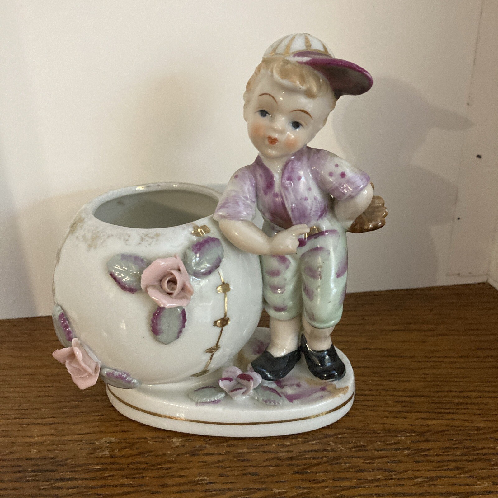 Vintage Boy Baseball Player Planter Sphinx Japan Porcelain Flowers