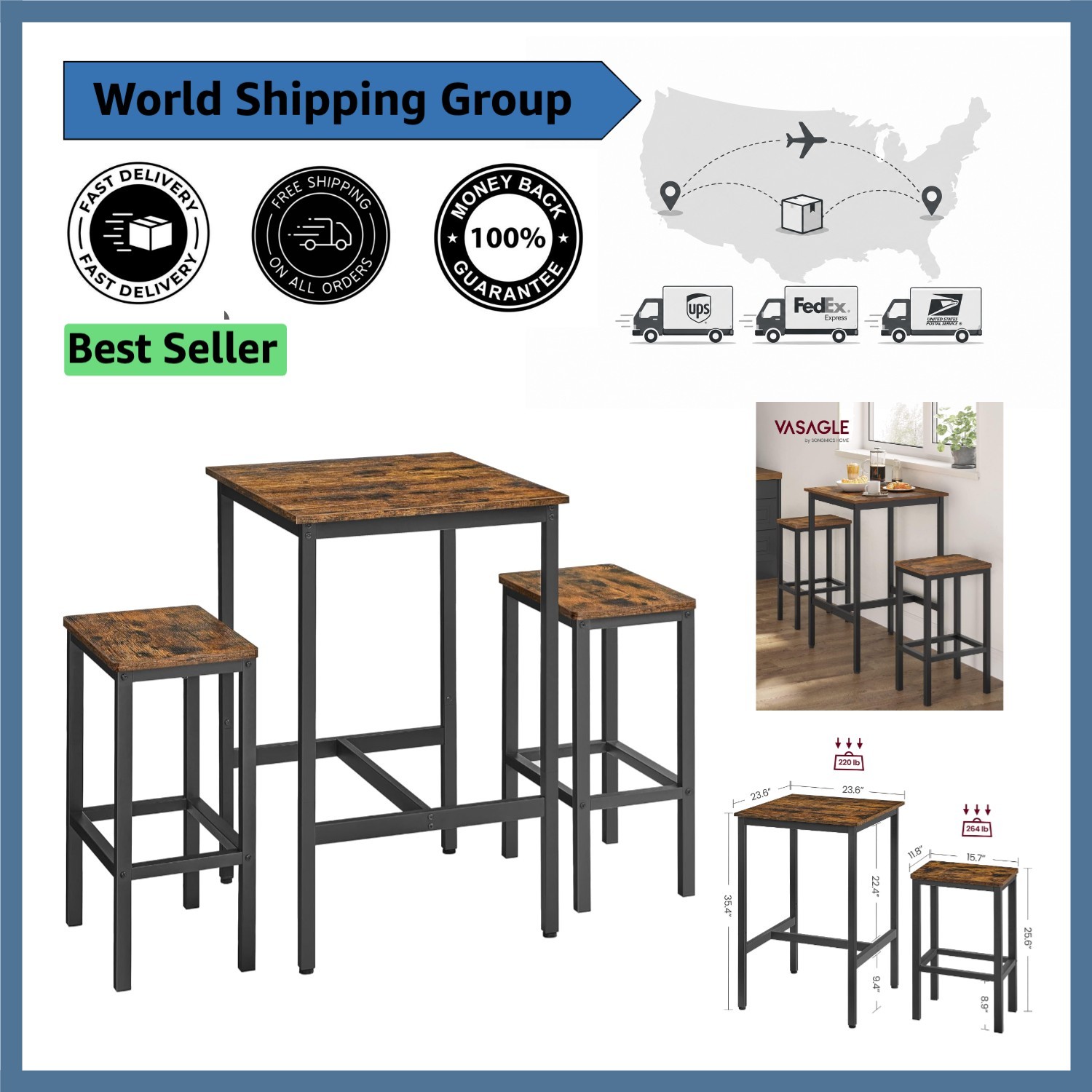 Stylish Dining Pub Set for 2 - Compact Bar Table with Stools for Small Spaces