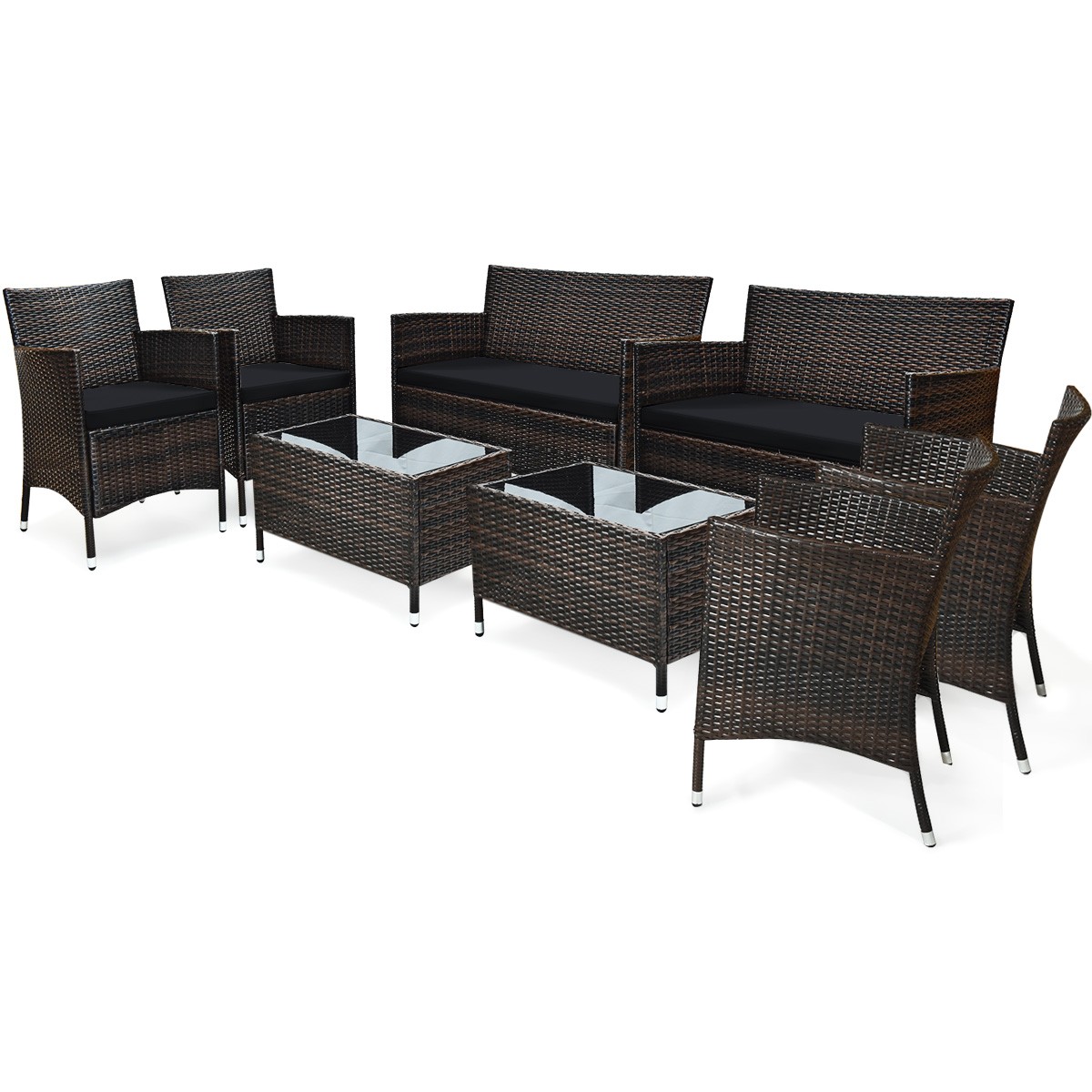 8PCS Rattan Patio Furniture Set Cushioned Sofa Chair Coffee Table Black