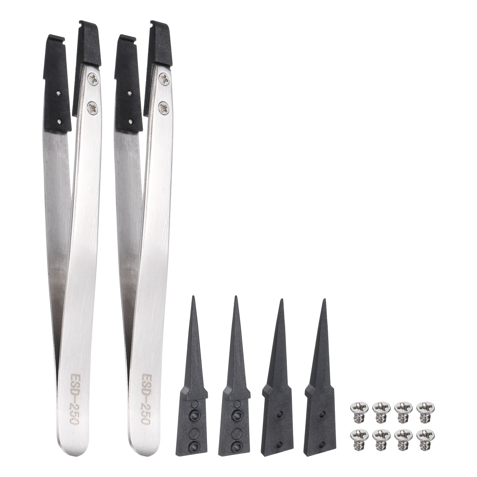 2Pcs ESD-250 Precision Anti-Static Stainless Steel Flat Tweezers Set, Black