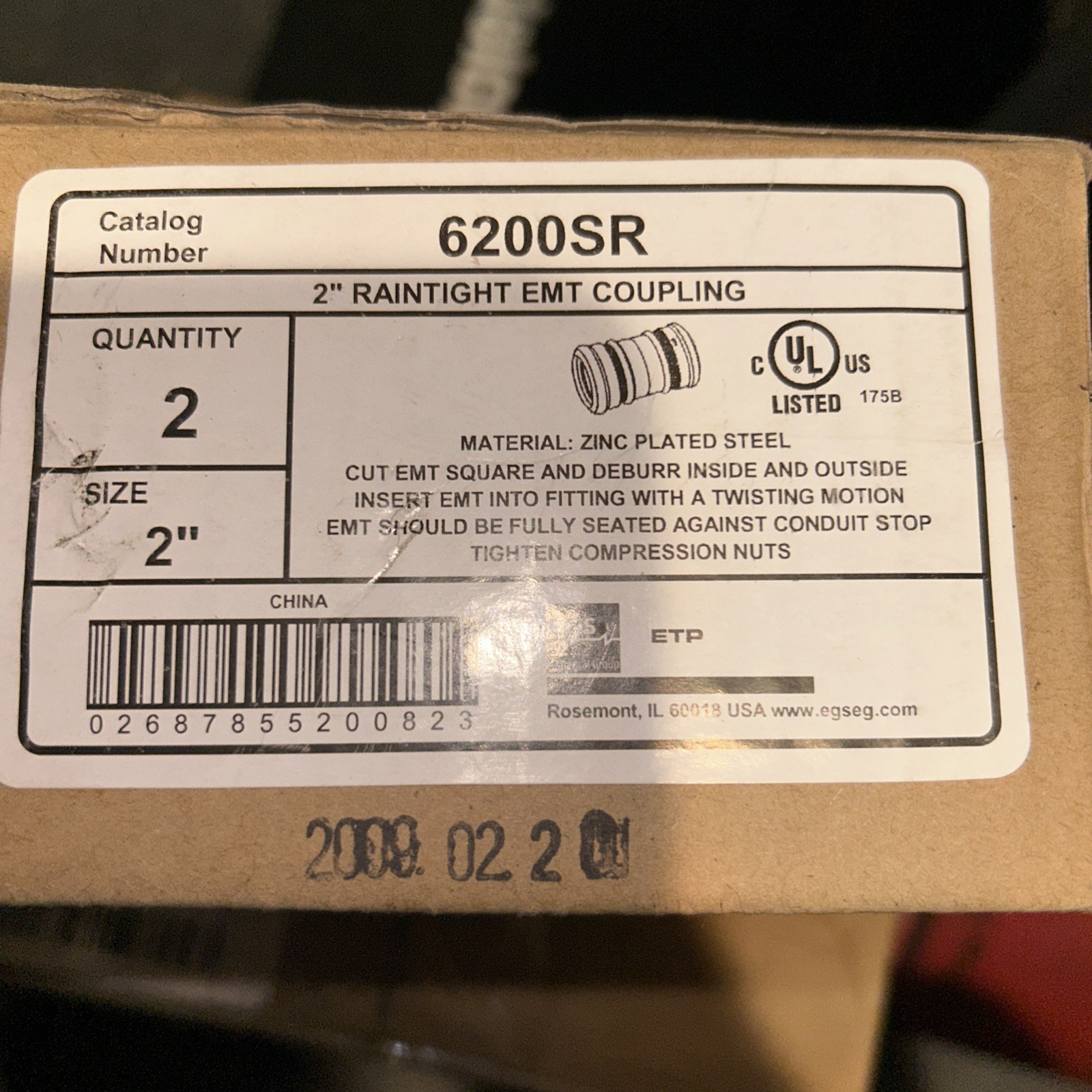 NEW BOX OF 2 EGS 6200SR 2" RAINTIGHT EMT COUPLING