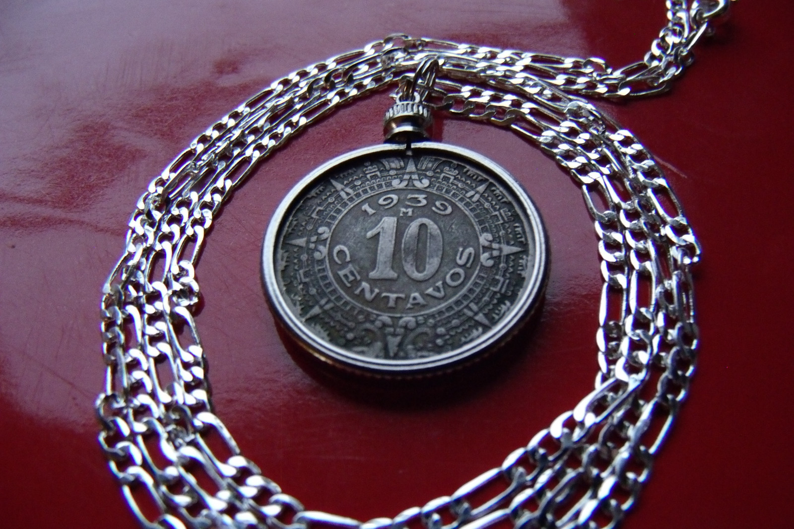 pre 1946 Mexico Aztec Calendar Coin Pendant on a 28" 925 Sterling Silver Chain