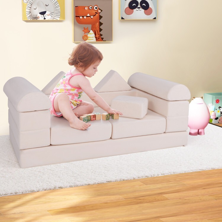 9Pcs Climb and Crawl Foam Children Play Toddler Convertible Sofa Couch Set Beige