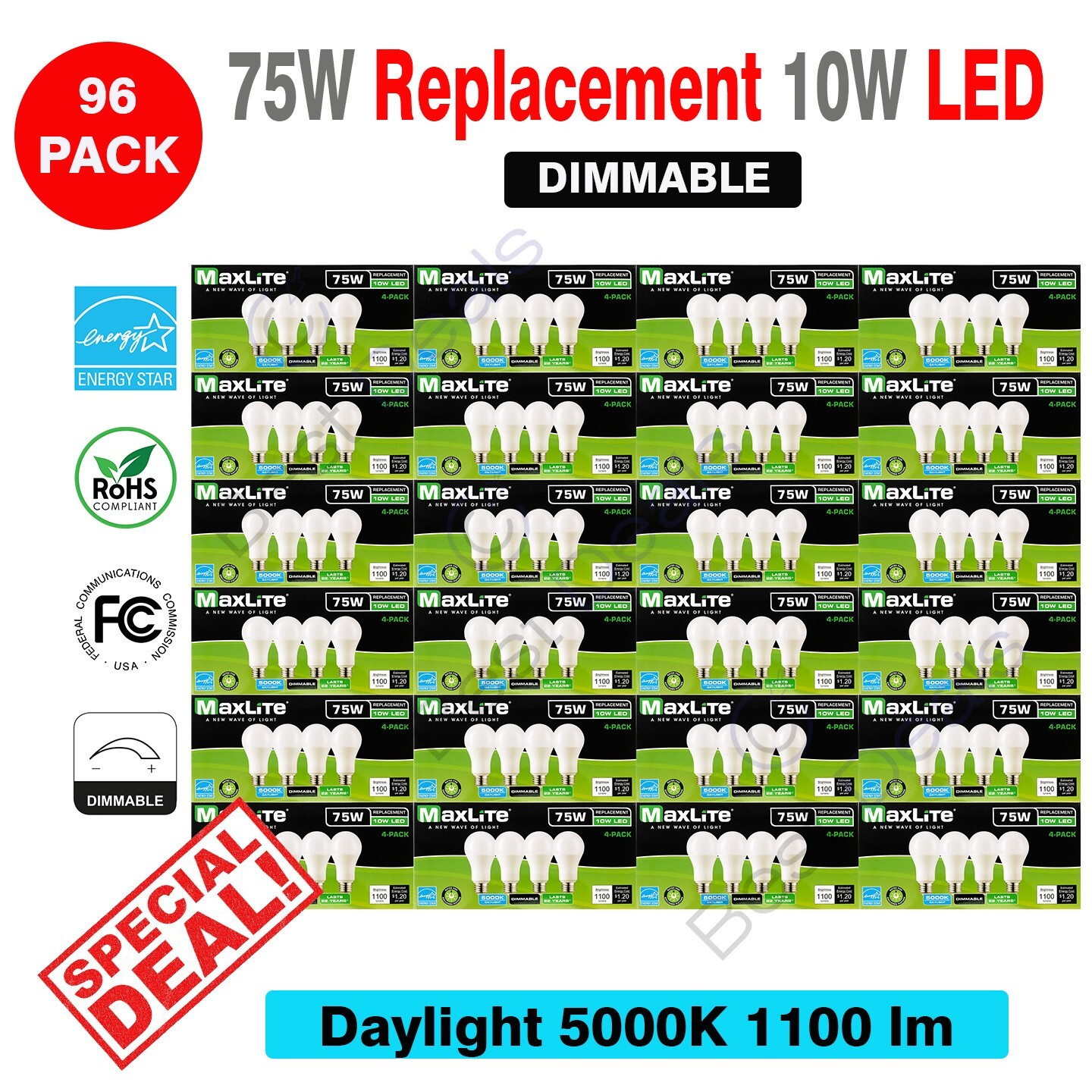 96 Pack Maxlite Dimmable LED 10W Daylight Light Bulb A19 75W replacement 5000K