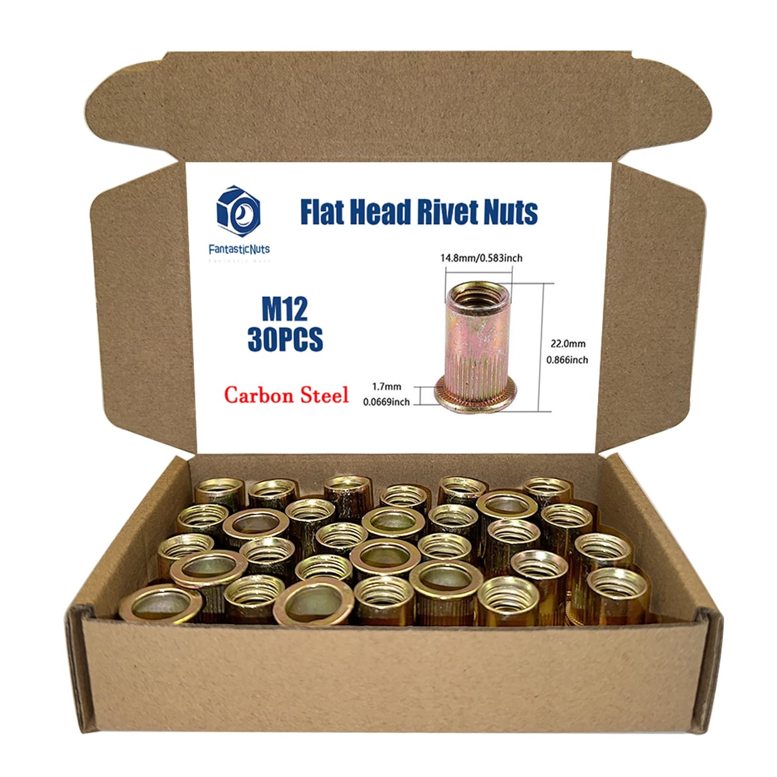 30PCS M12 x 1.75 Rivet Nuts, Made of Carbon Steel with a zinc-Plated Finish, ...
