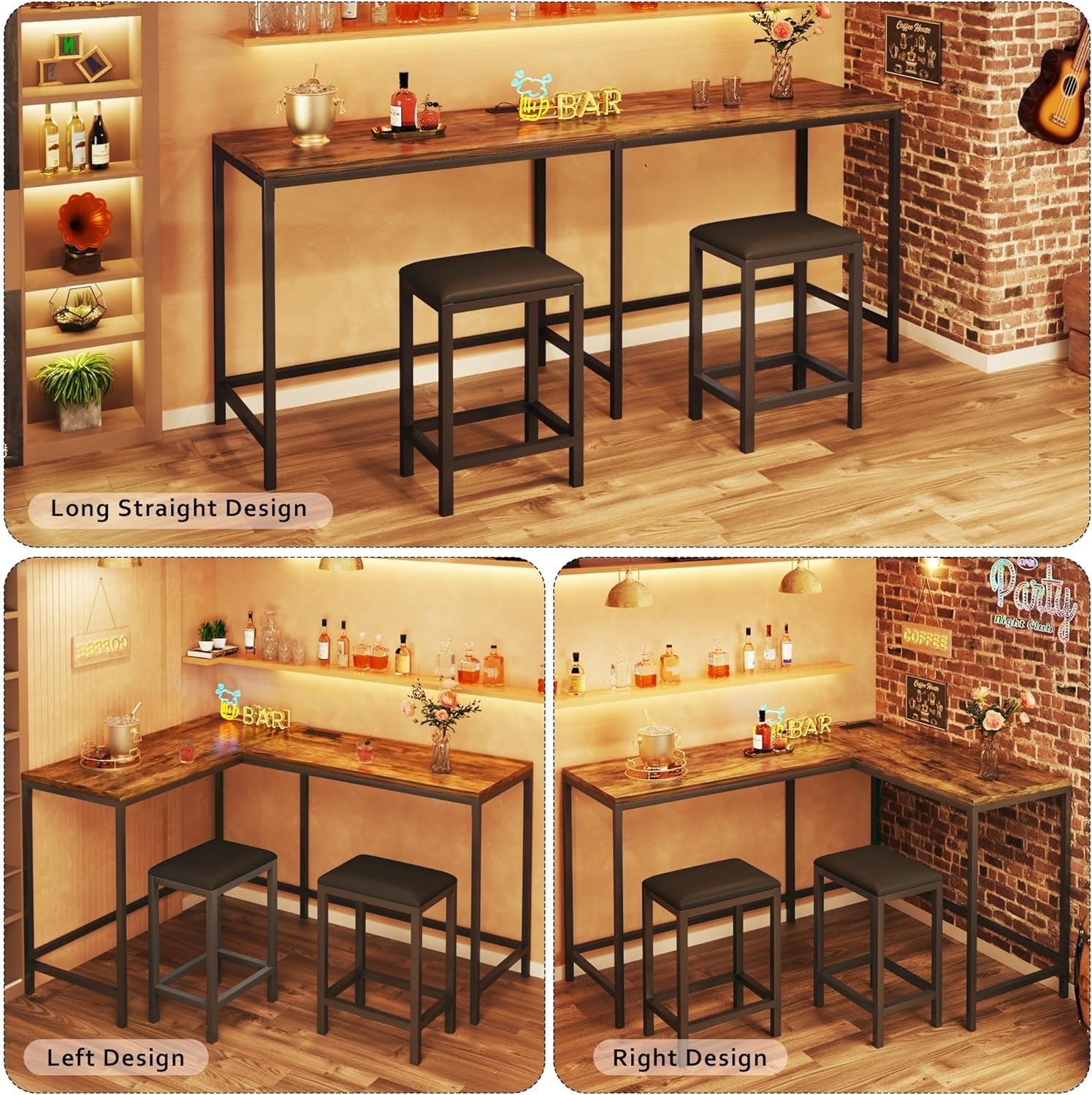 L Shaped Bar Table with Stools, 63‘’ Bar Height Table with Power Outlets,