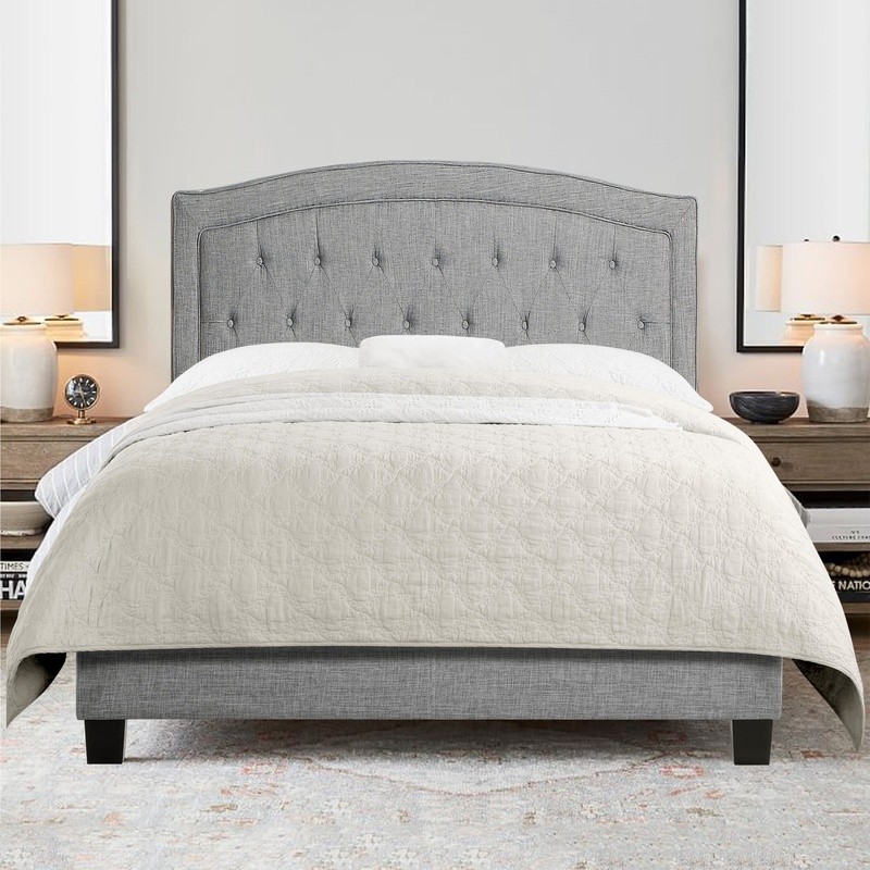 Linen Upholstered Platform Bed Frame W/ Padded Headboard Solid Wood Support New