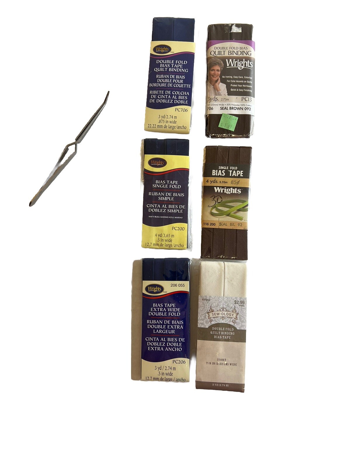 Bias Tape Lot Of 6 Mixed With Stainless Tweezers Blue, Brown & Ivory