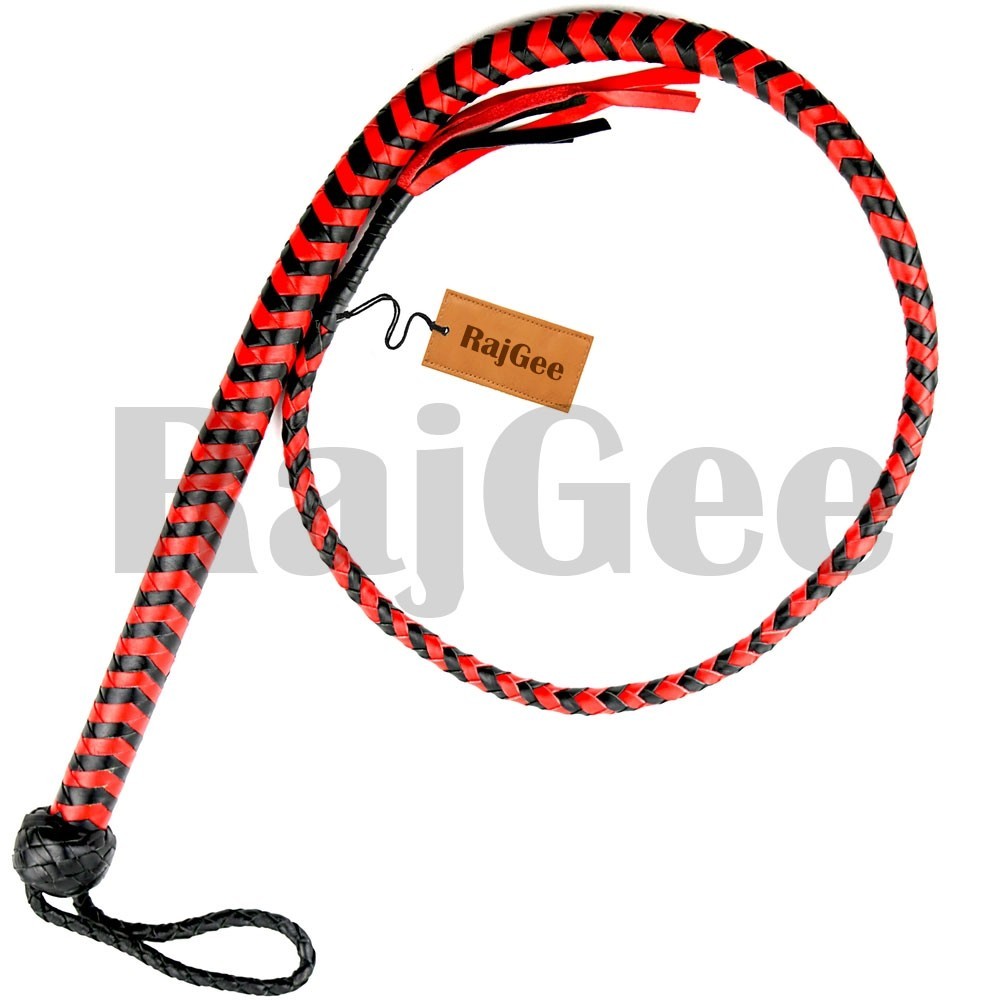 Red and Black 4ft Genuine Leather Bullwhip – 12 Plaits, Loud Cracking