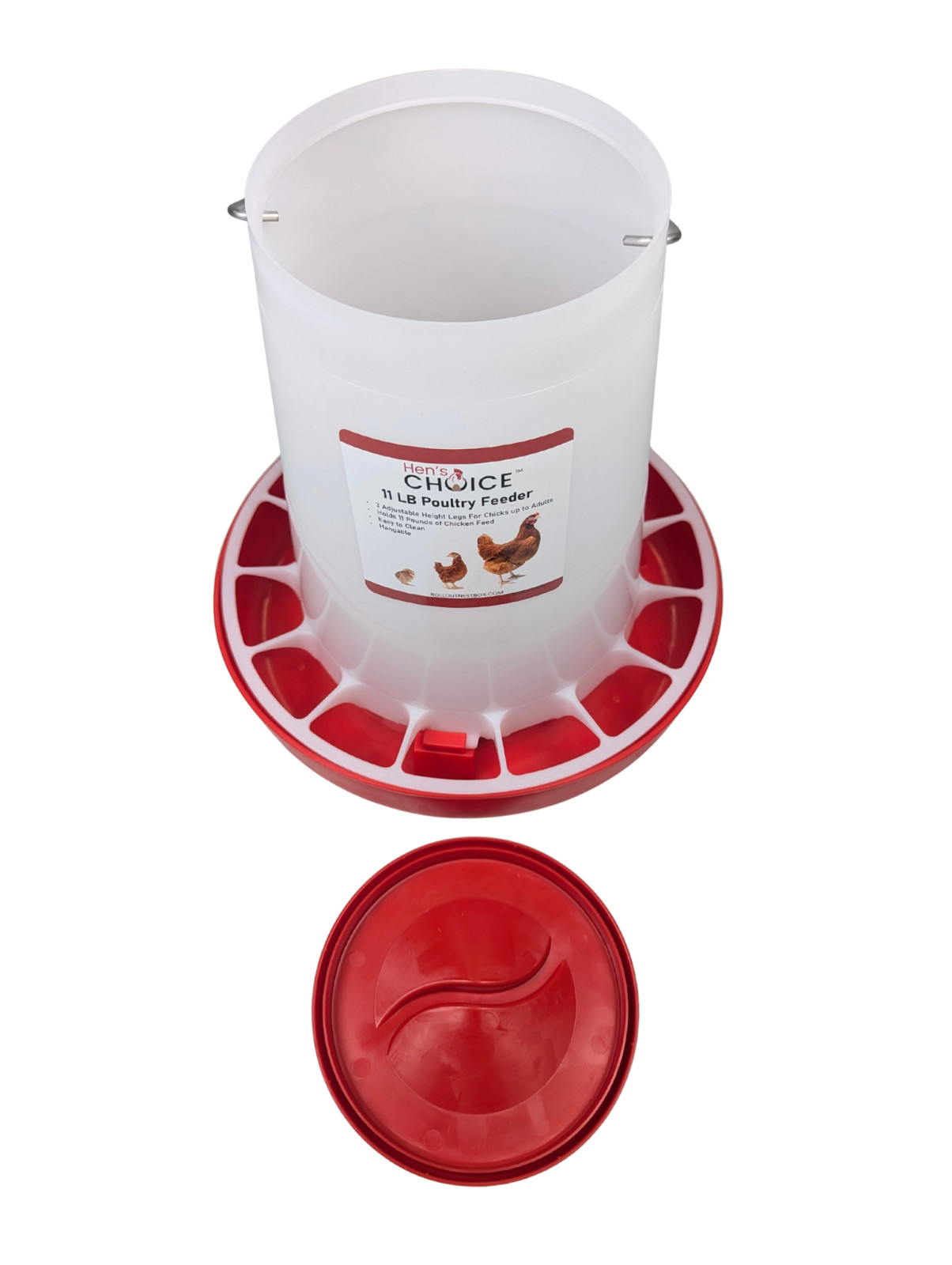 Hen's Choice - 11 LB Poultry Feeder, Twist Lock Base, Adjustable Legs, Hangable